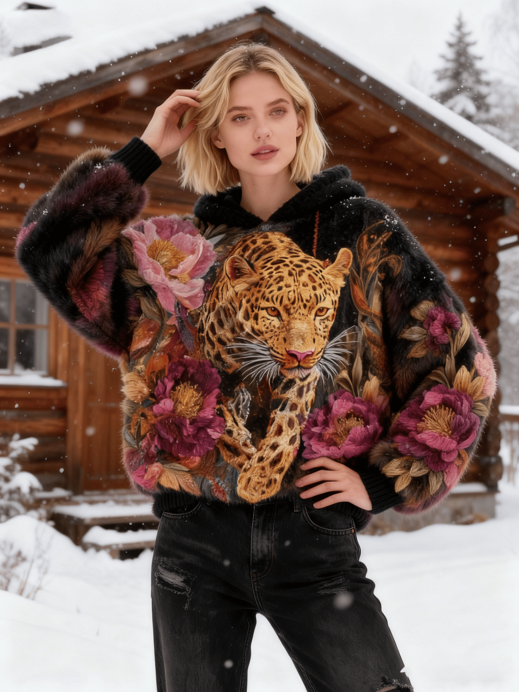 Women's Vintage Leopard & Peony Floral Fuzzy Hoodie