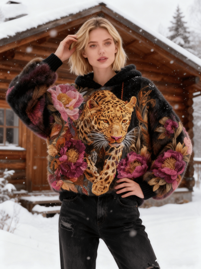 Women's Vintage Leopard & Peony Floral Fuzzy Hoodie