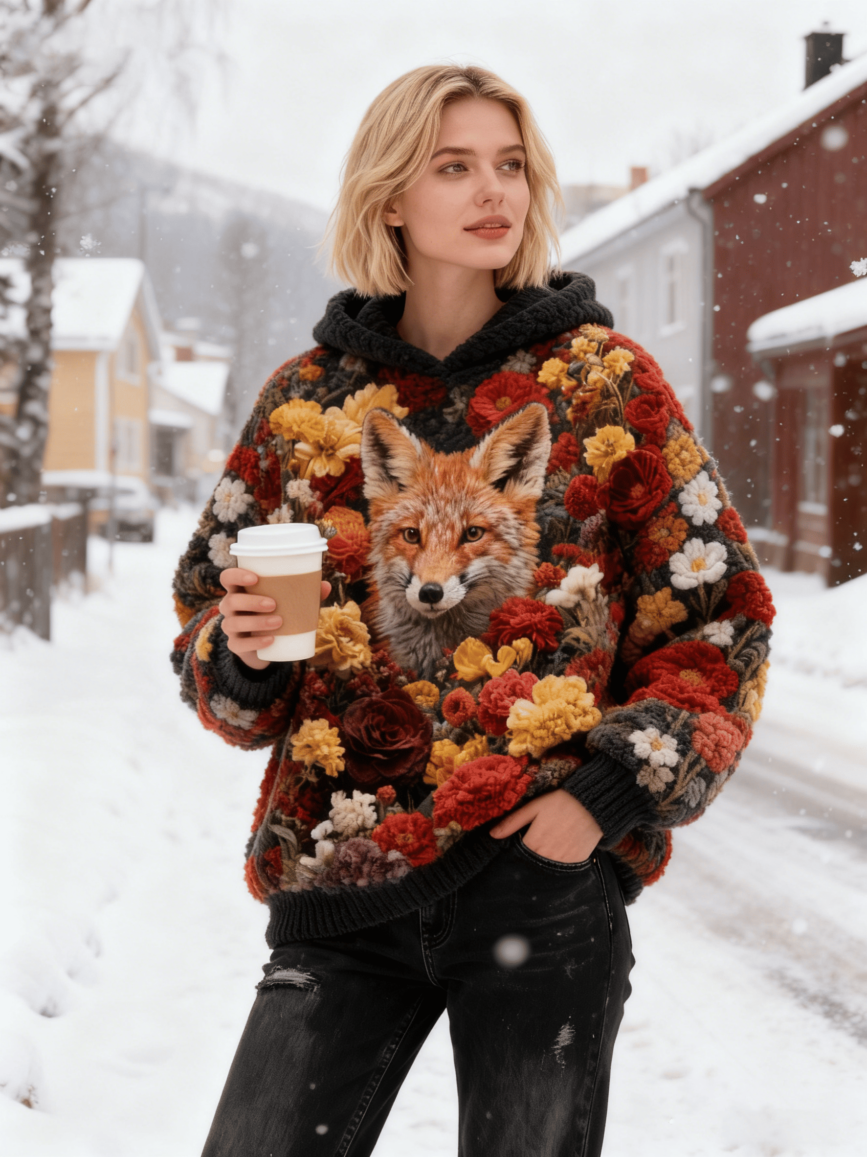 Women's Autumn Fox Floral Knit Fuzzy Hoodie