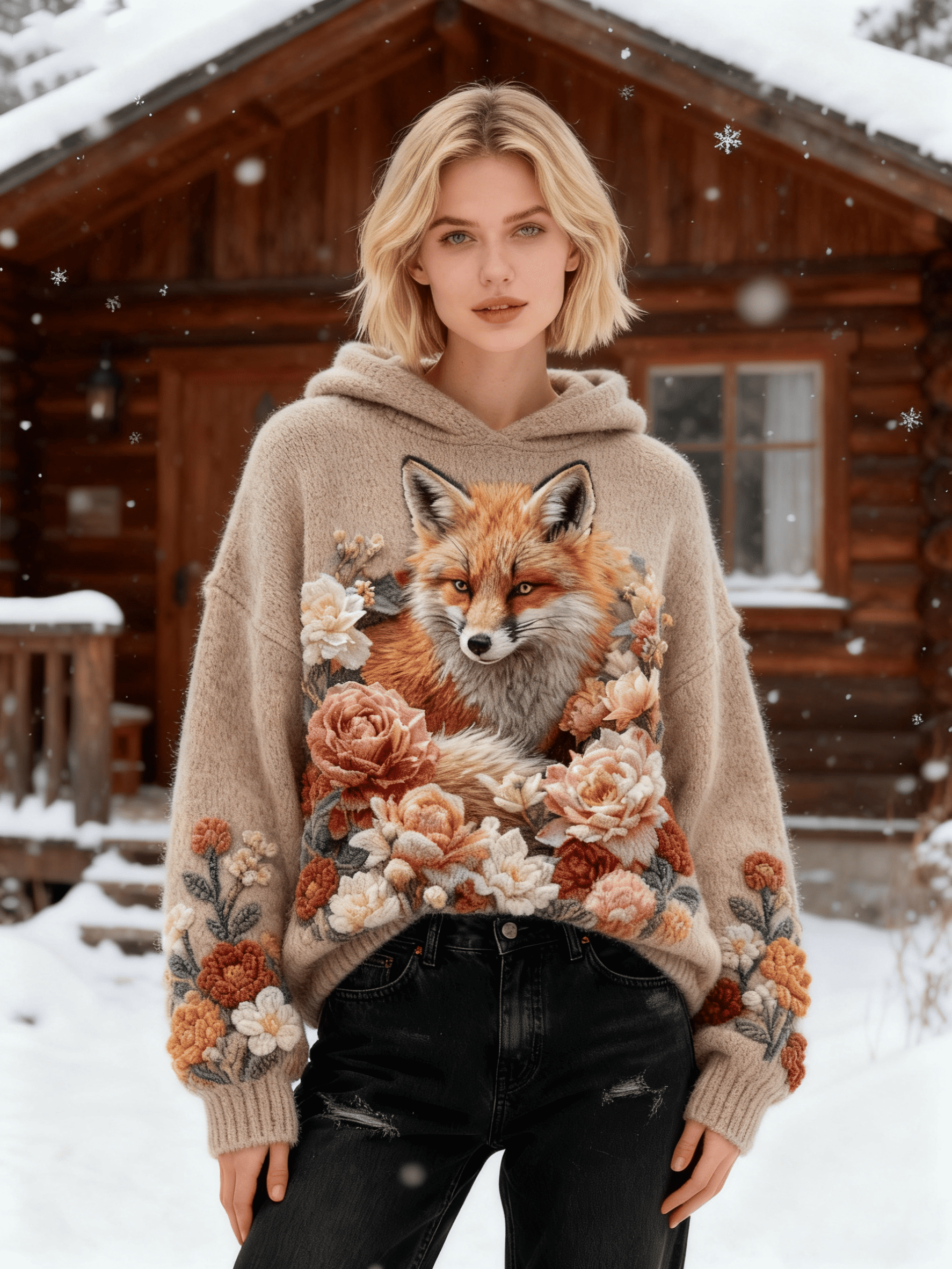 Women's Neutral Fox & Floral Embroidered Fuzzy Hoodie