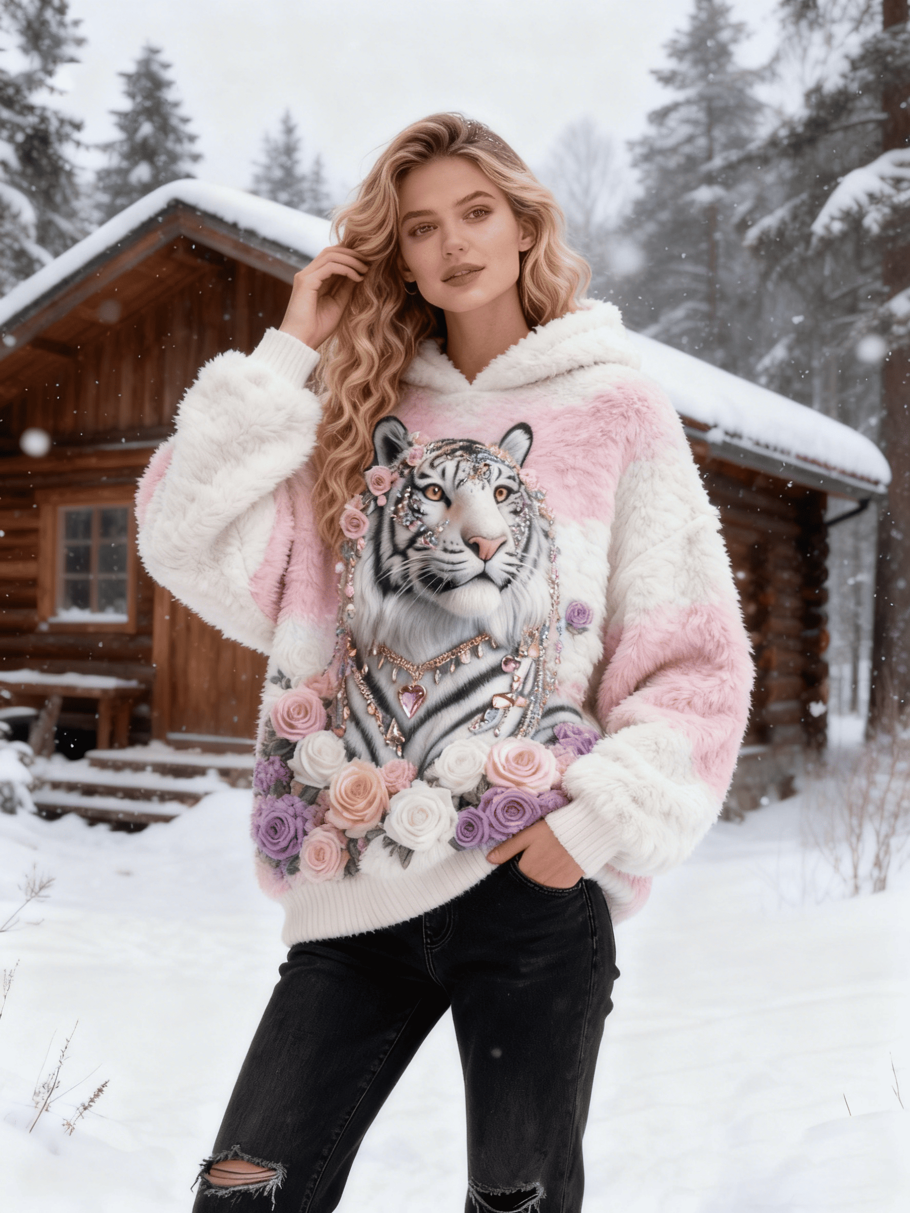 Women's Jeweled White Tiger Floral Fuzzy Hoodie
