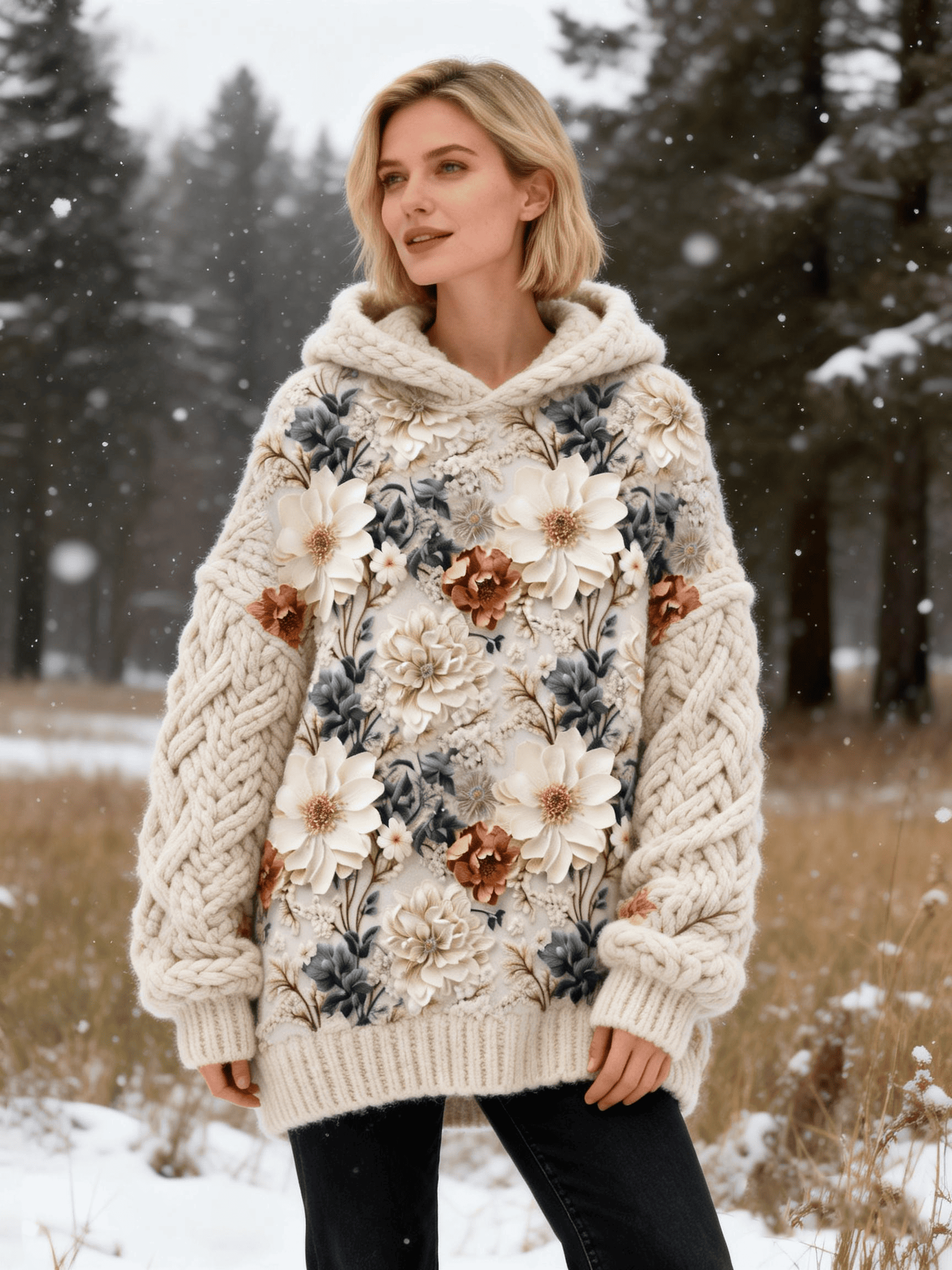 Women's Cream Floral Cable Knit Fuzzy Hoodie