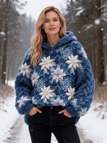 Women's Navy Snowflake Cable Knit Fuzzy Hoodie