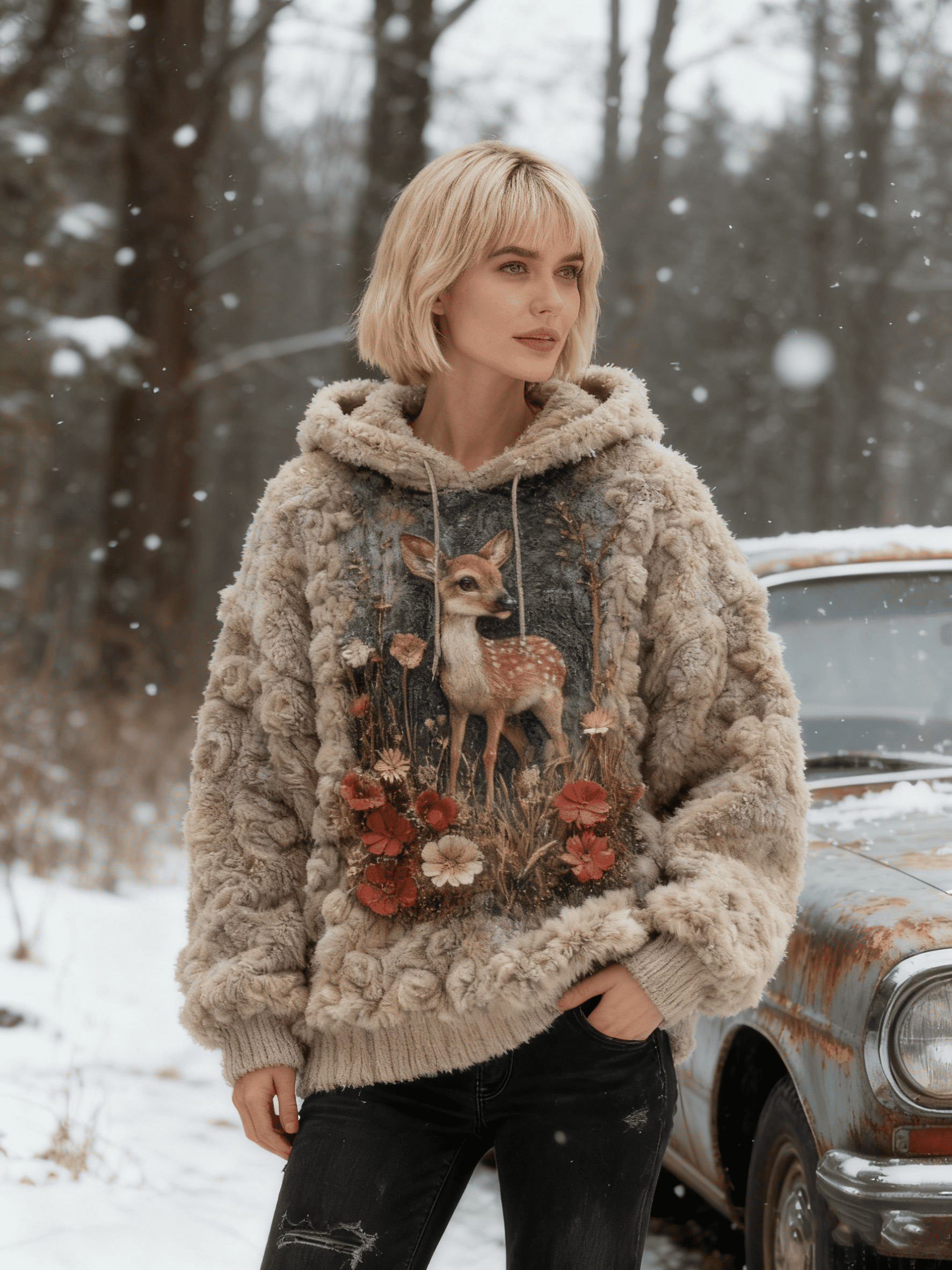 Women's Deer & Floral Textured Fuzzy Hoodie