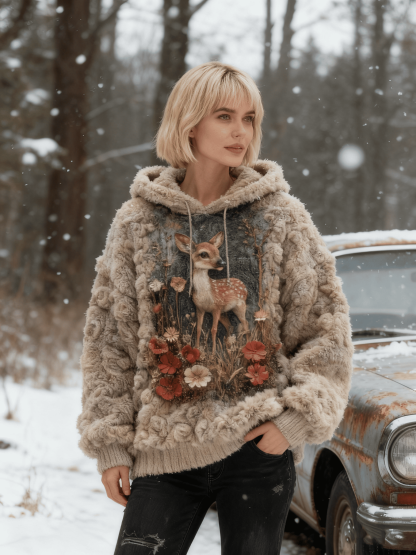 Women's Deer & Floral Textured Fuzzy Hoodie