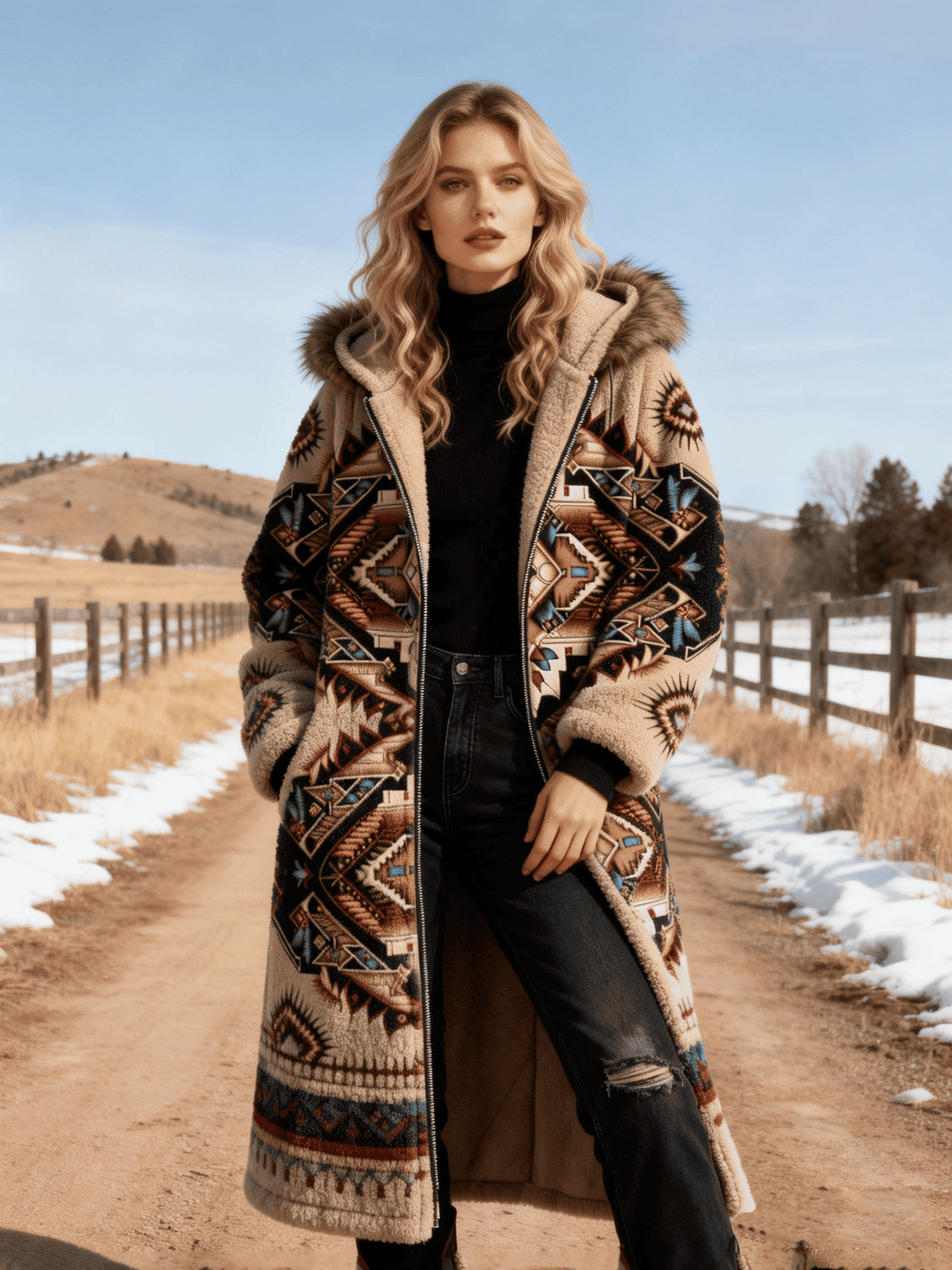 Women's Ethnic Totem Faux Fur Panel Hooded Long Coat