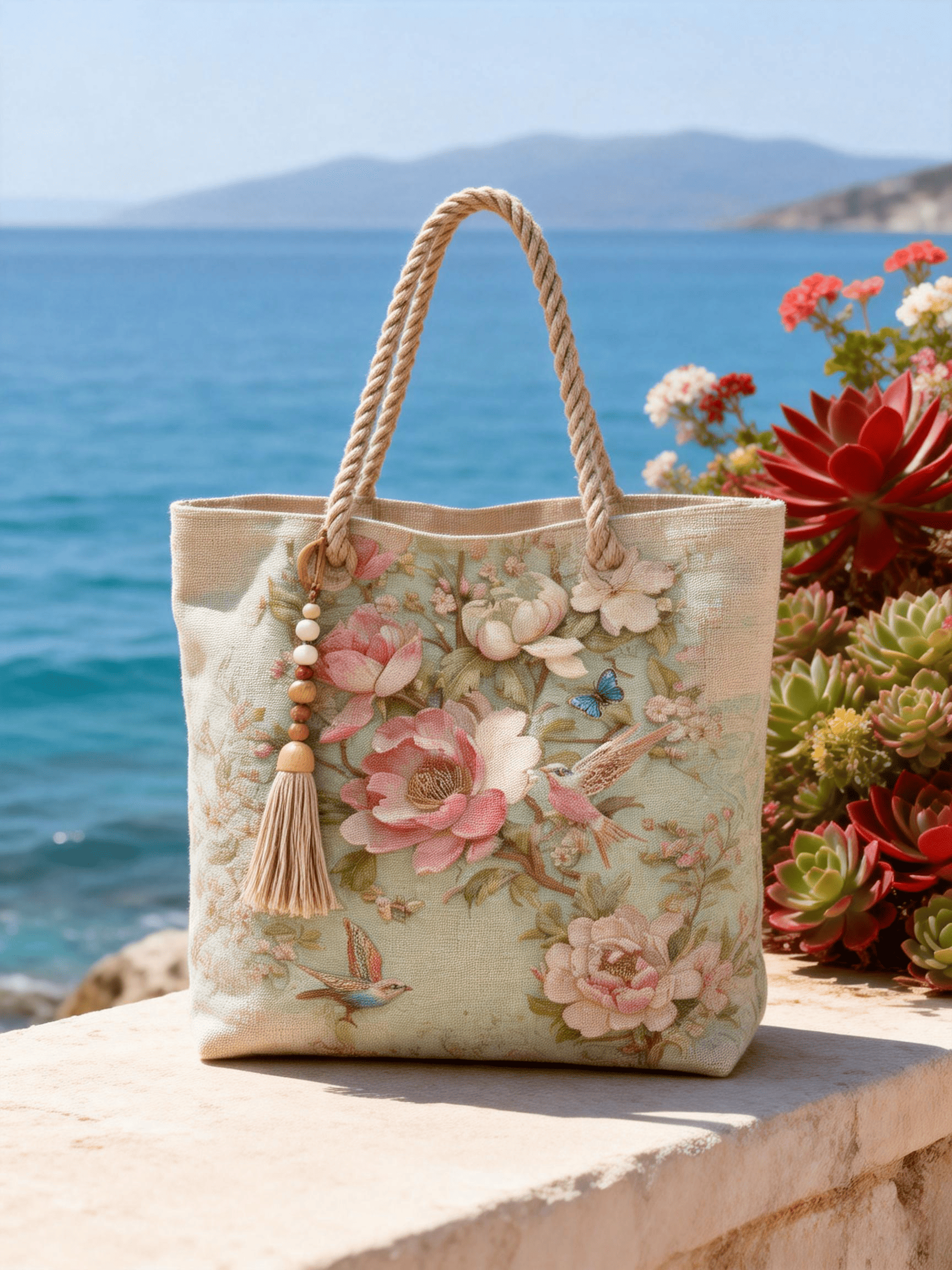 Light Green Bird & Floral Embroidery Tote Bag