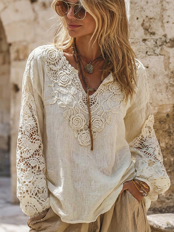 Women's Vintage Rose Floral Lace Embroidery Art V-neck Shirt
