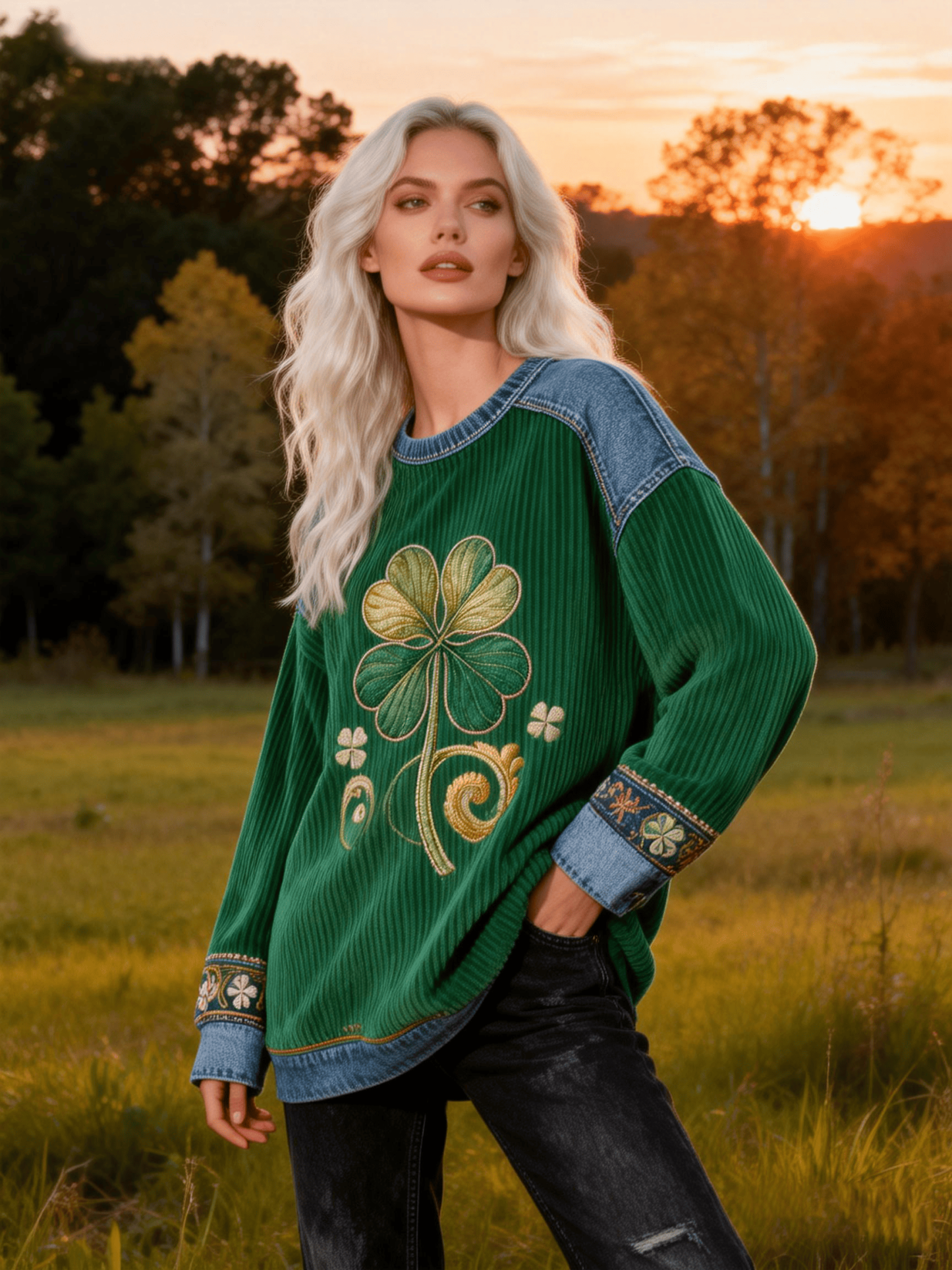 Women's St. Patrick's Day Large Embroidered Clover Sweatshirt - Corduroy Denim Patchwork Retro Casual Top