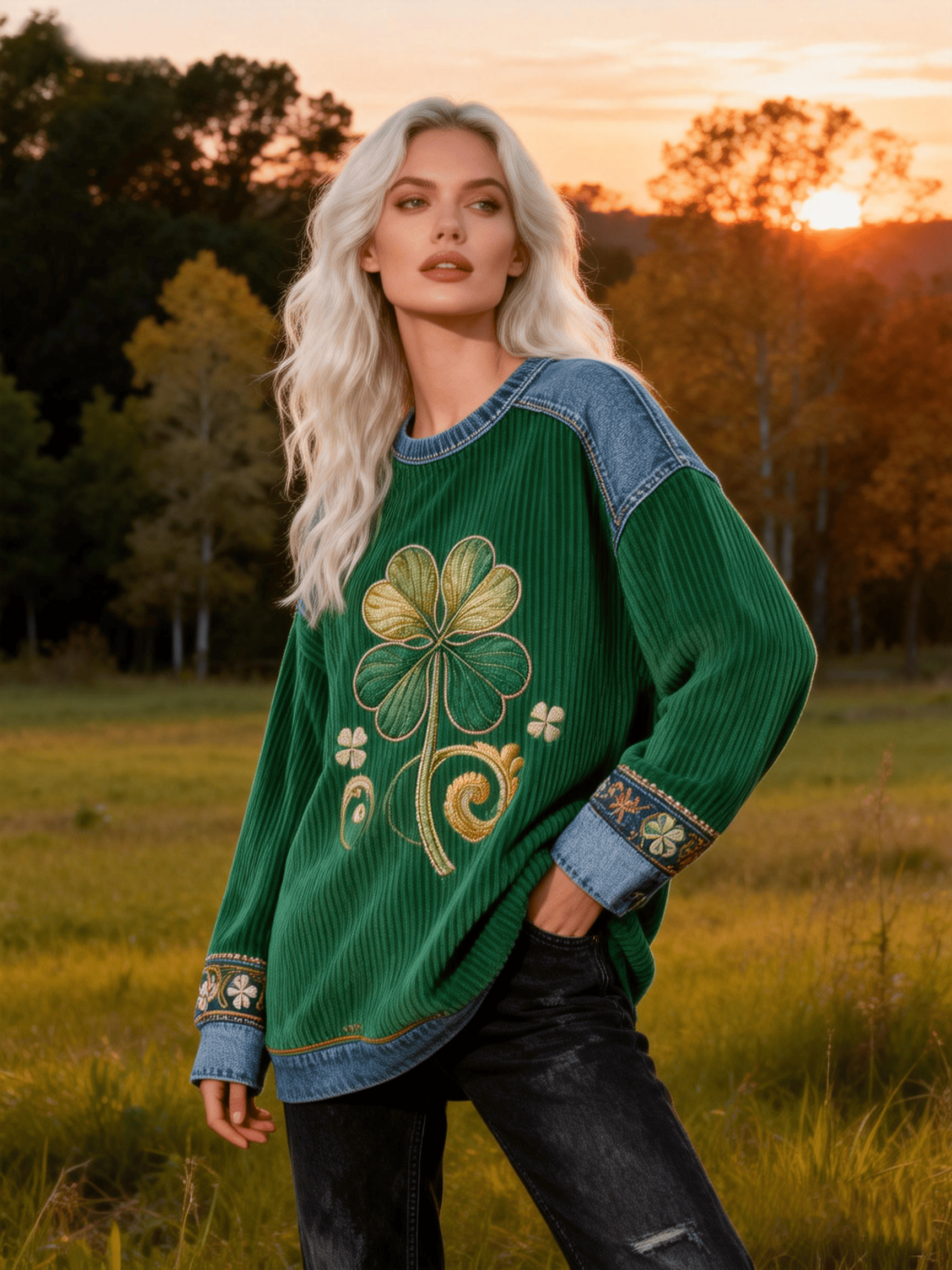 Women's St. Patrick's Day Large Embroidered Clover Sweatshirt - Corduroy Denim Patchwork Retro Casual Top