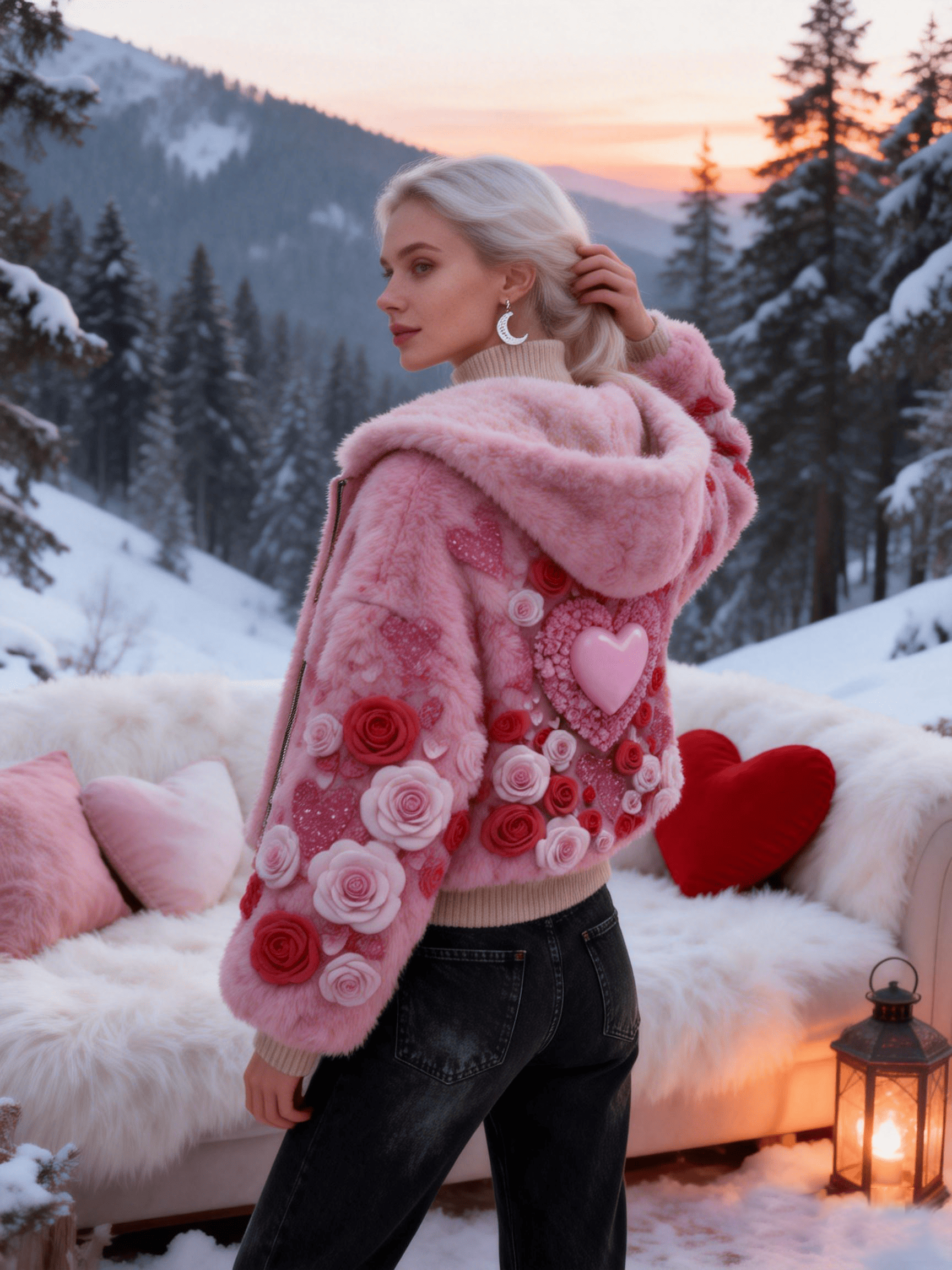 Women's Pink 3D Rose & Heart Plush Jacket