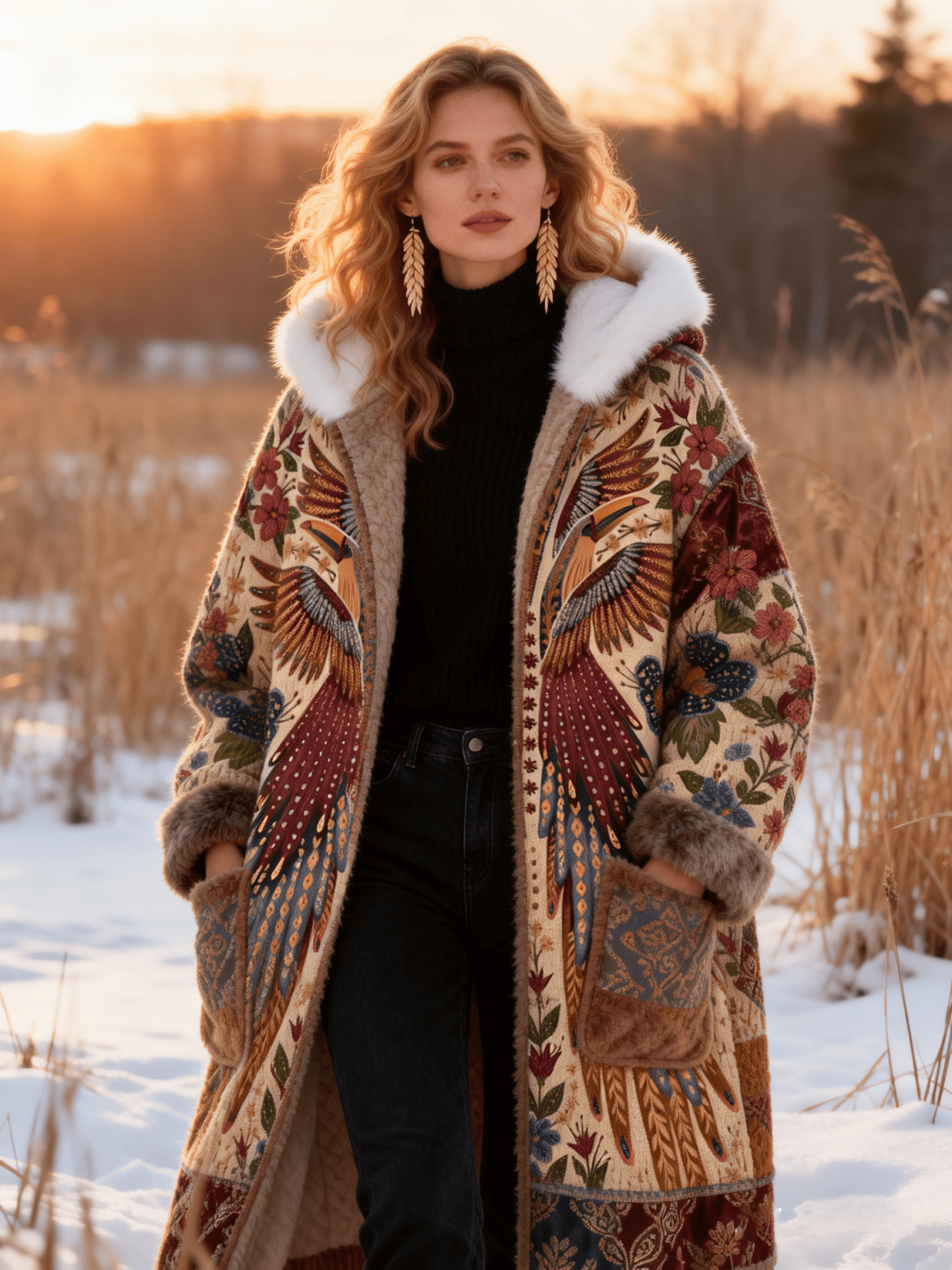 Women's Vintage Bird & Floral Faux Fur Hooded Coat