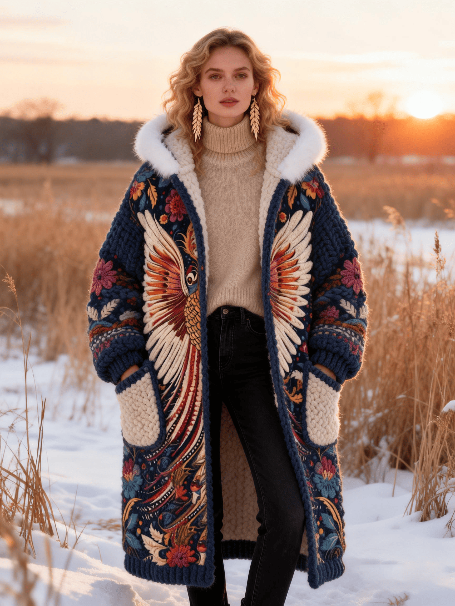 Women's Navy Phoenix Embroidery Knit Panel Fur Collar Coat