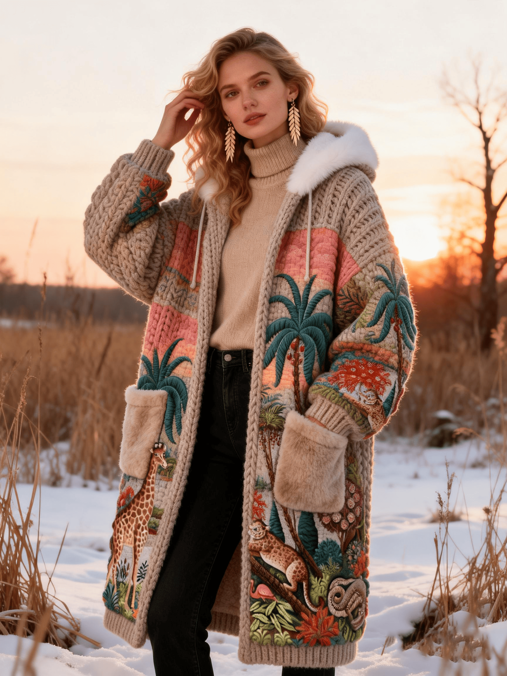 Women's Jungle Animal & Palm Tree Faux Fur Hooded Coat