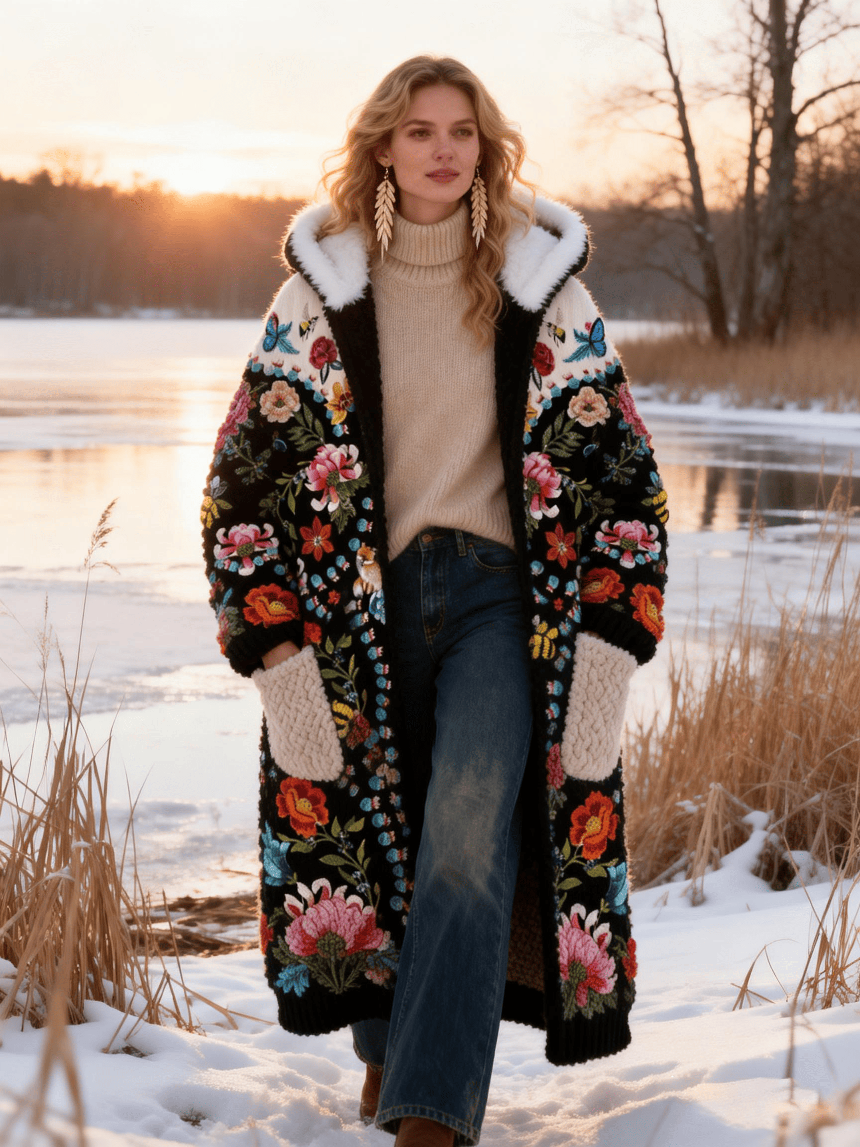Women's Black Floral & Butterfly Embroidery Faux Fur Pocket Coat