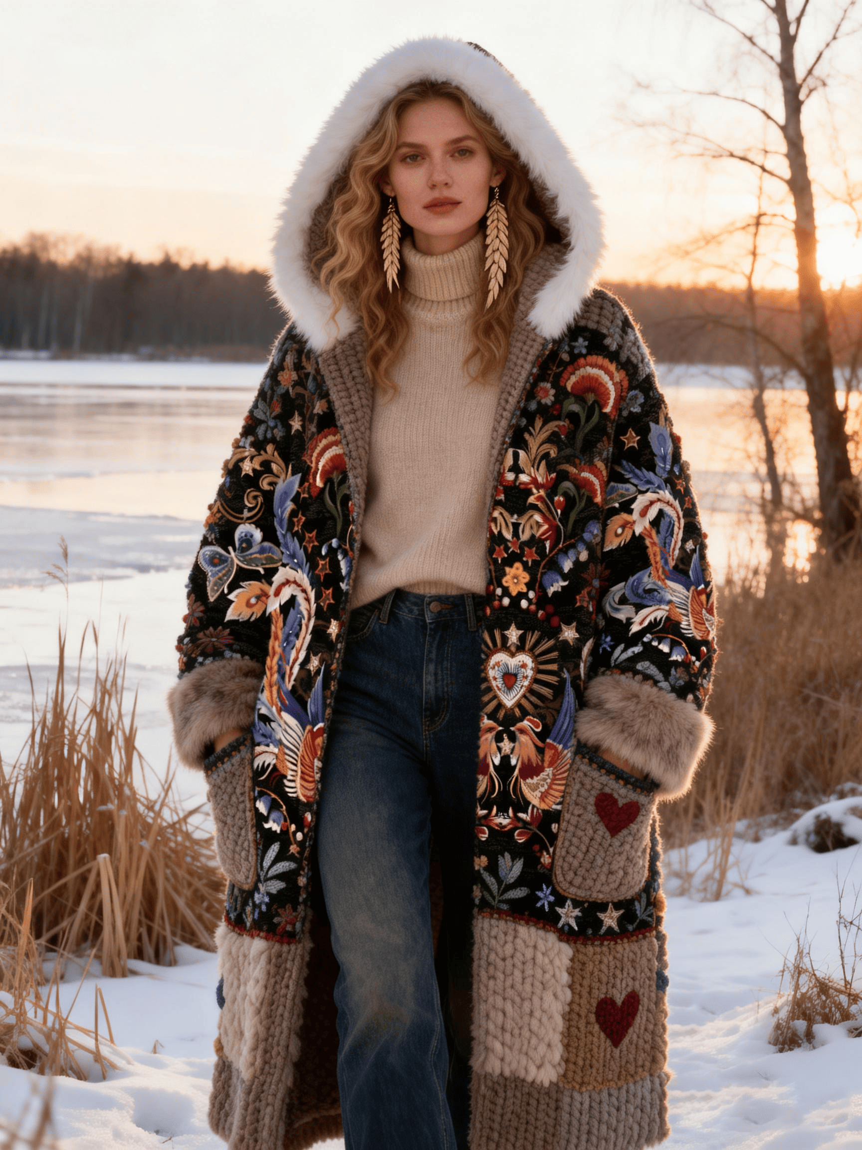 Women's Vintage Heart & Phoenix Embroidery Color-Block Faux Fur Coat