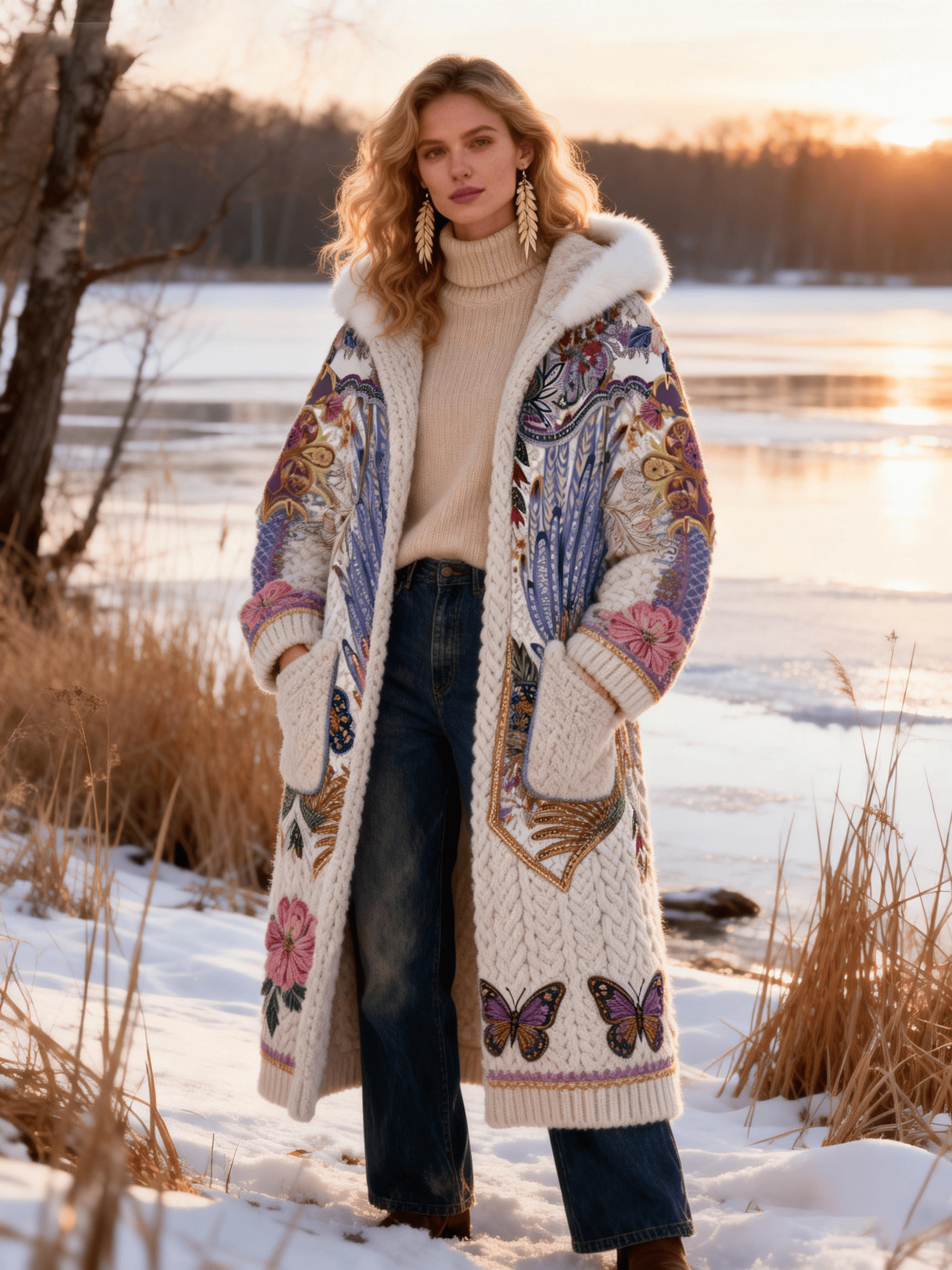 Women's Cream Peacock Feather & Butterfly Embroidery Fur Collar Coat