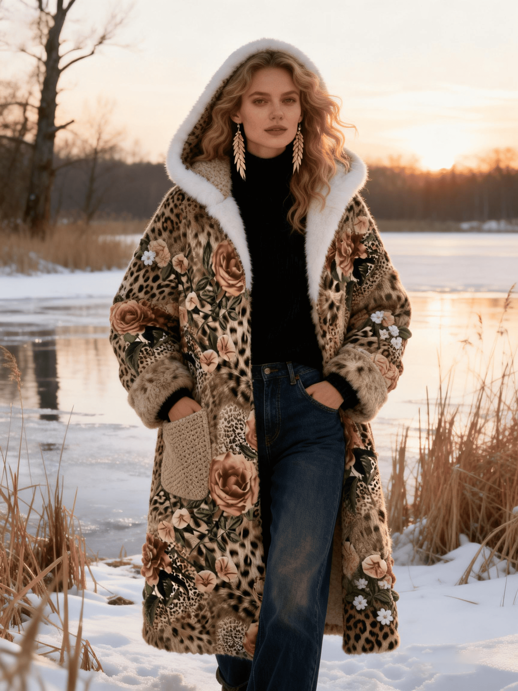 Women's Leopard & Rose Embroidery Faux Fur Panel Hooded Coat