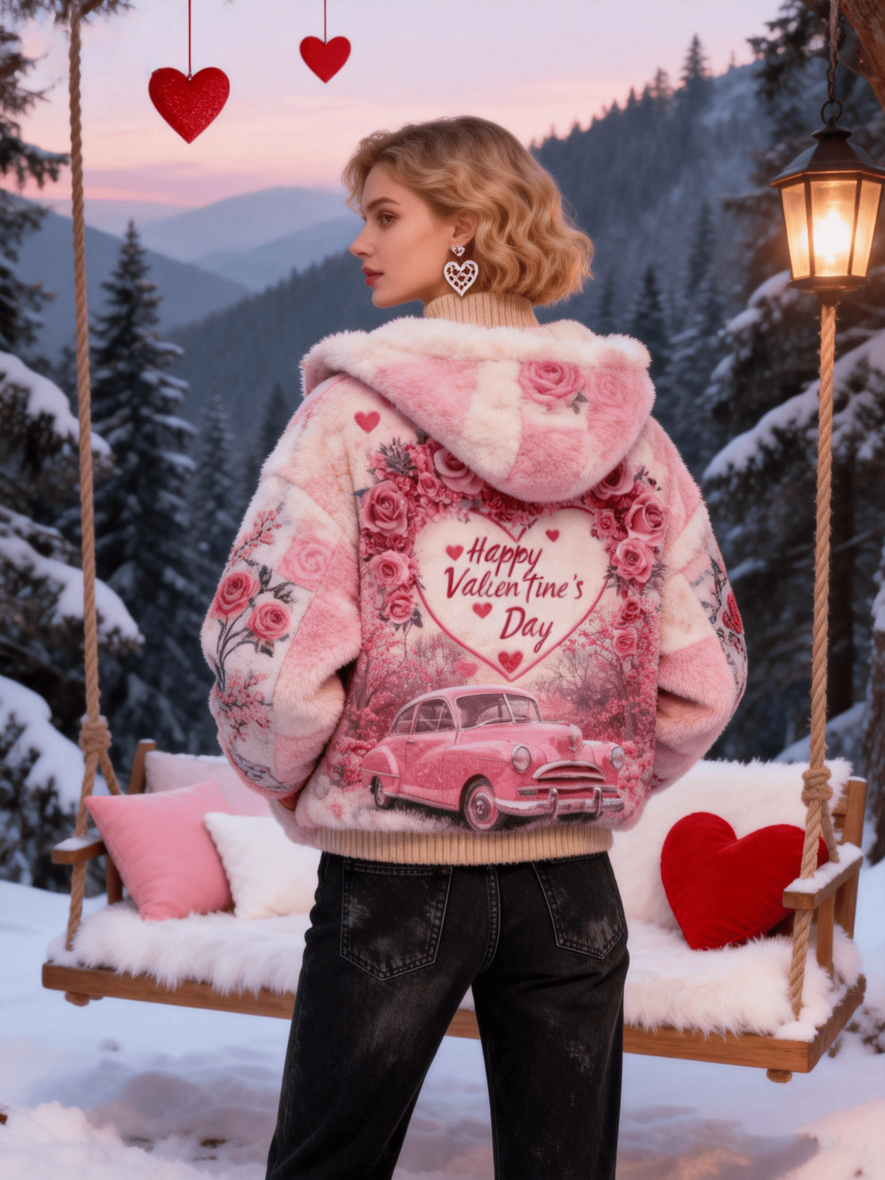 Women's Pink Car & Floral Valentine’s Day Plush Coat