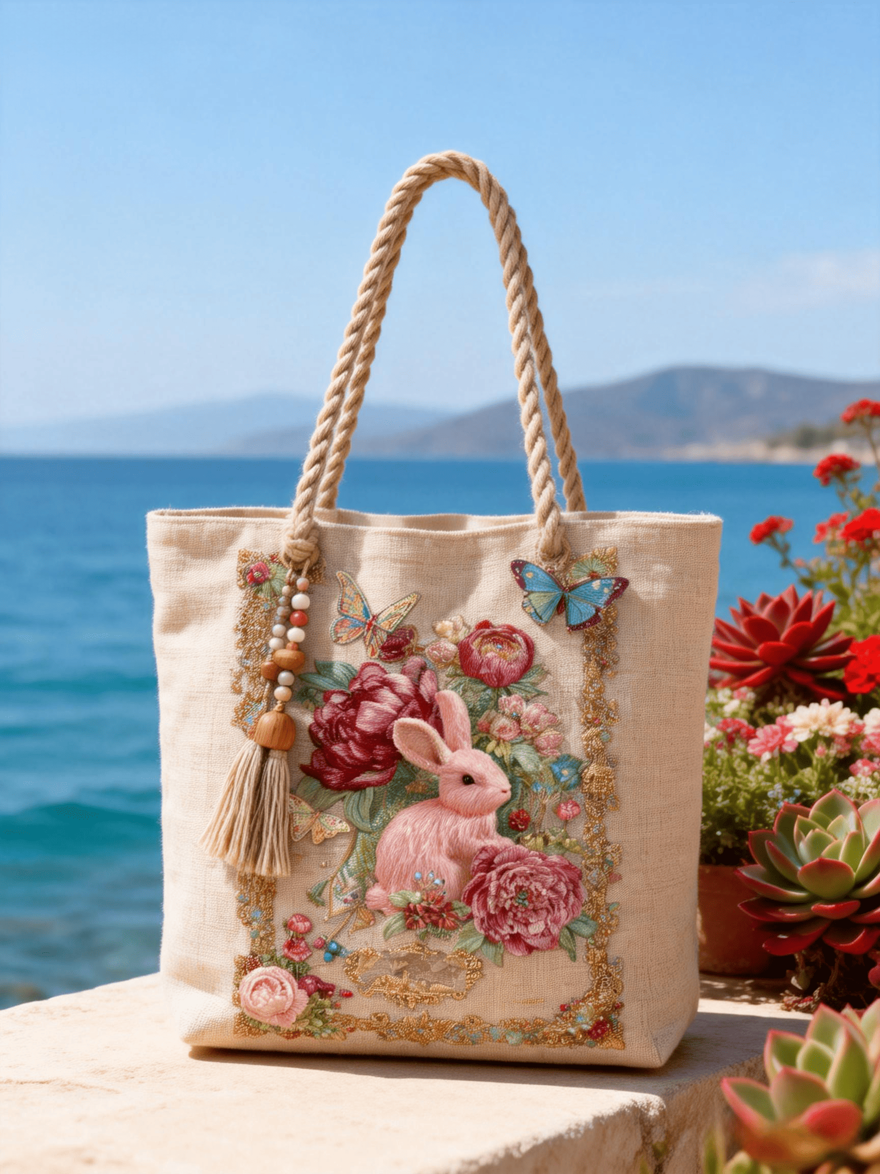 Beige Gold Trim Pink Rabbit Floral Embroidery Tote Bag