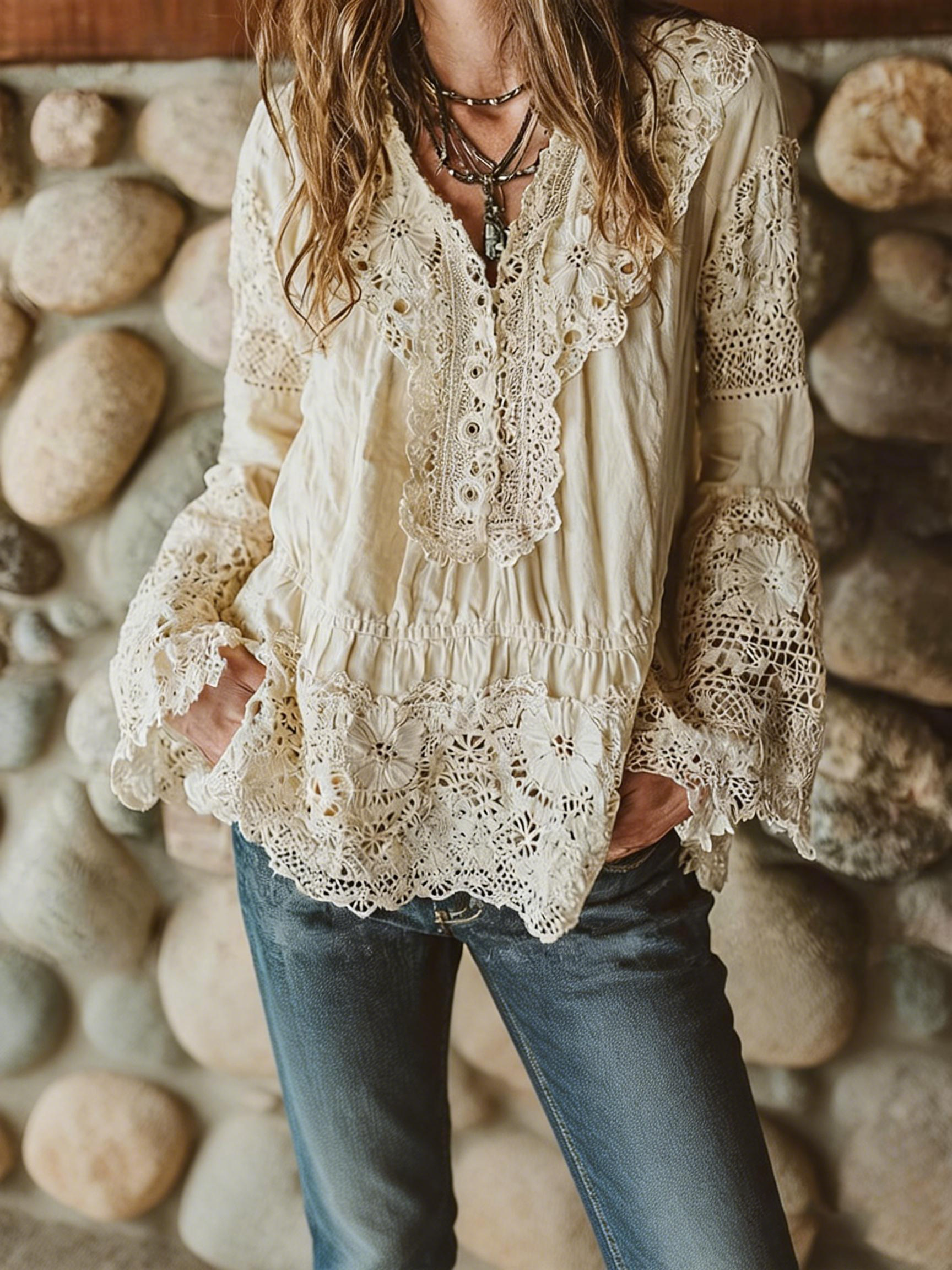 Women's Retro Froal With Lace Embroidery Art V-neck Shirt