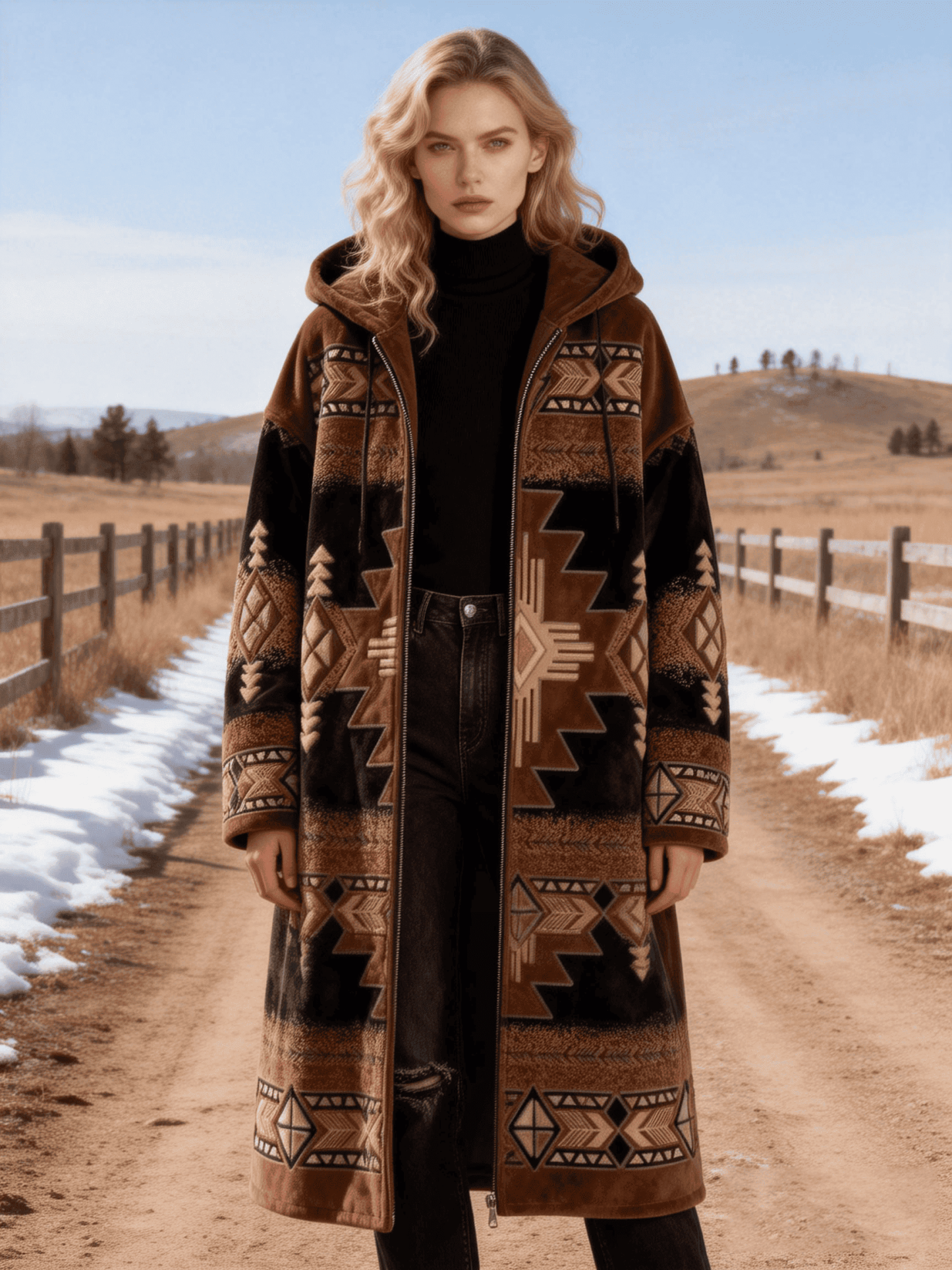 Women's Brown-Black Contrast Geometric Embossed Faux Fur Hooded Coat