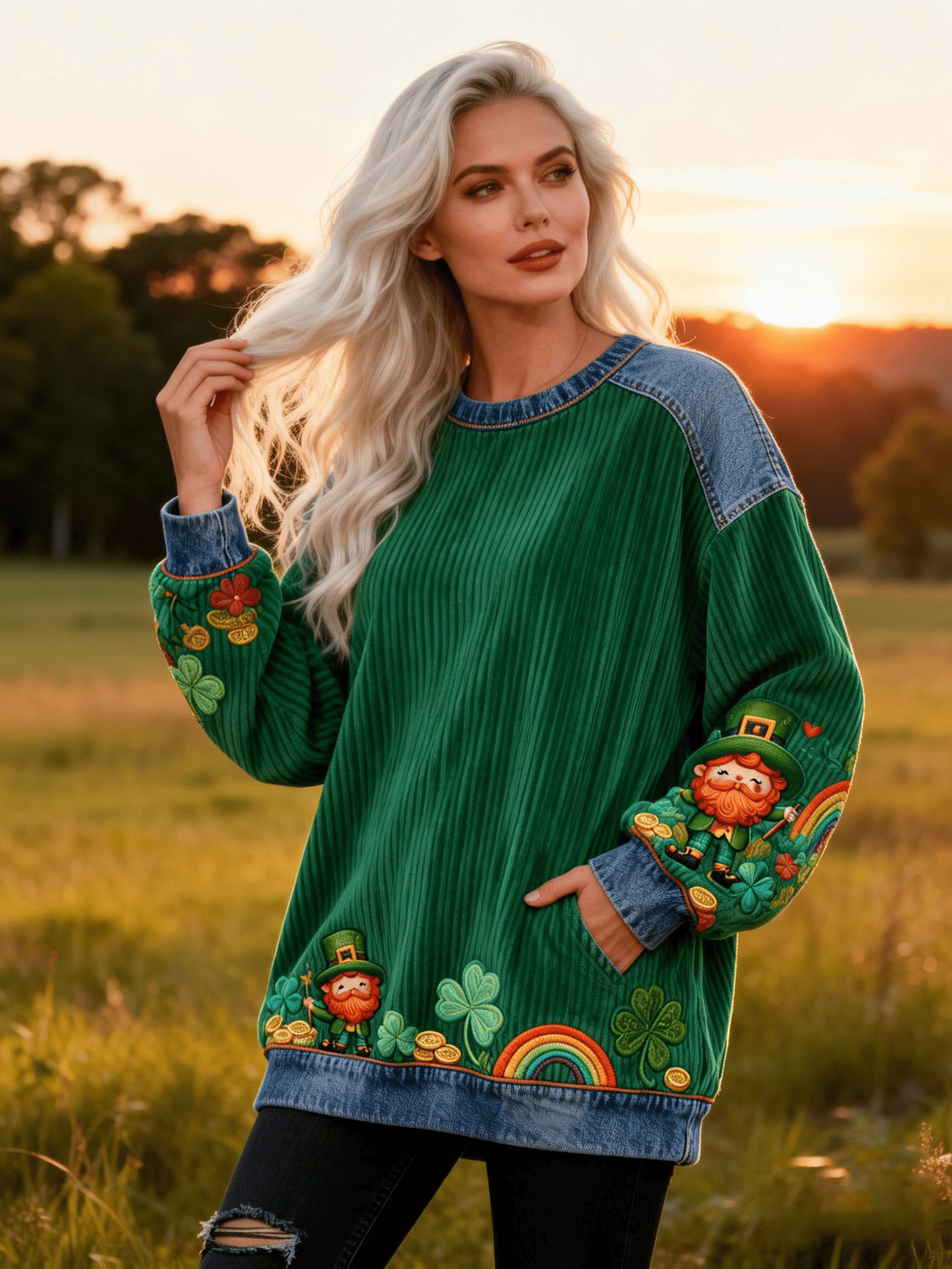 Women's St. Patrick's Day Sleeve & Hem Gnome Sweatshirt - Clover Rainbow Corduroy Denim Top