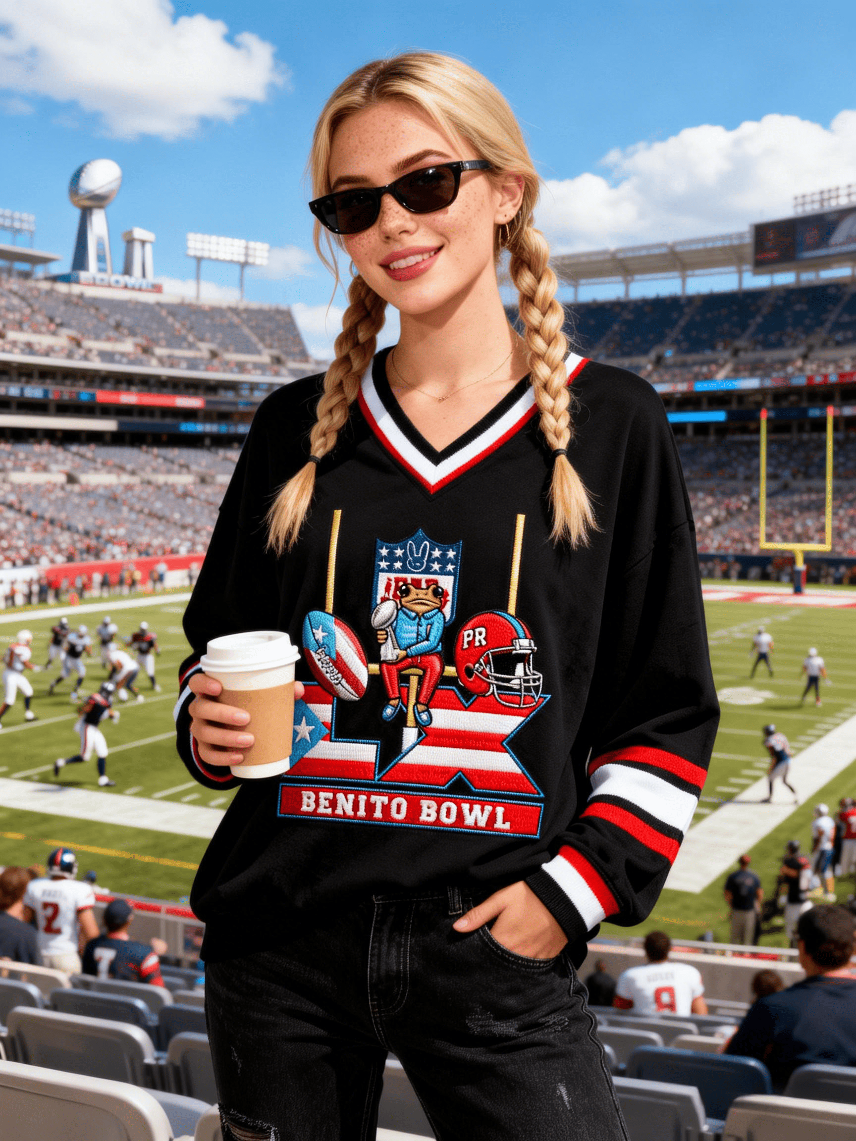 Women's Black Benito Bowl Frog Football V-Neck Sweatshirt