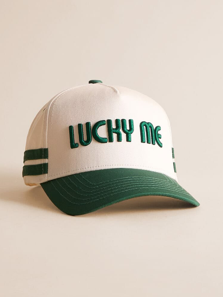 White & Green "LUCKY ME" Striped Baseball Cap