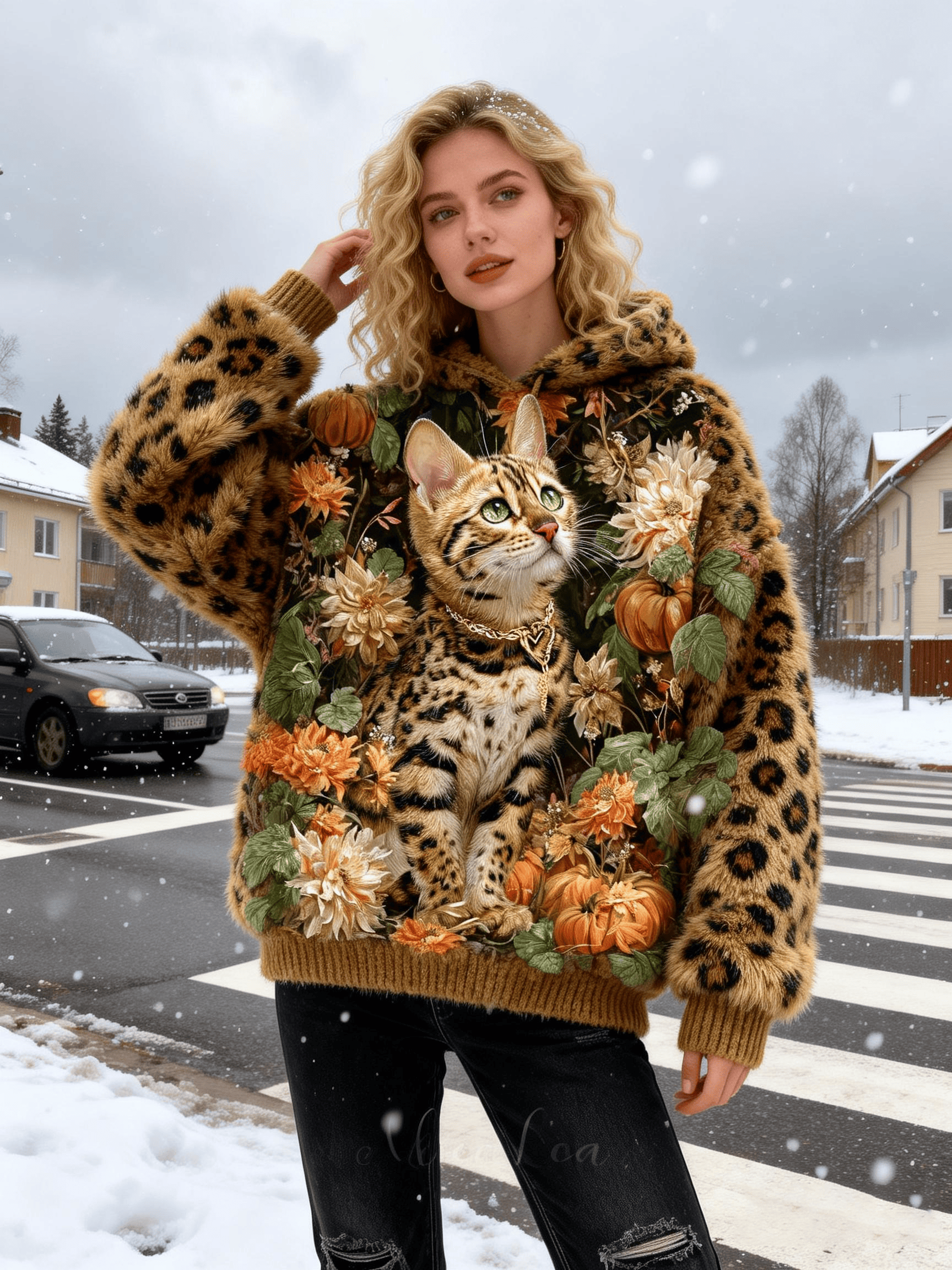 Women's Autumn Pumpkin Leopard Cat Fuzzy Hoodie