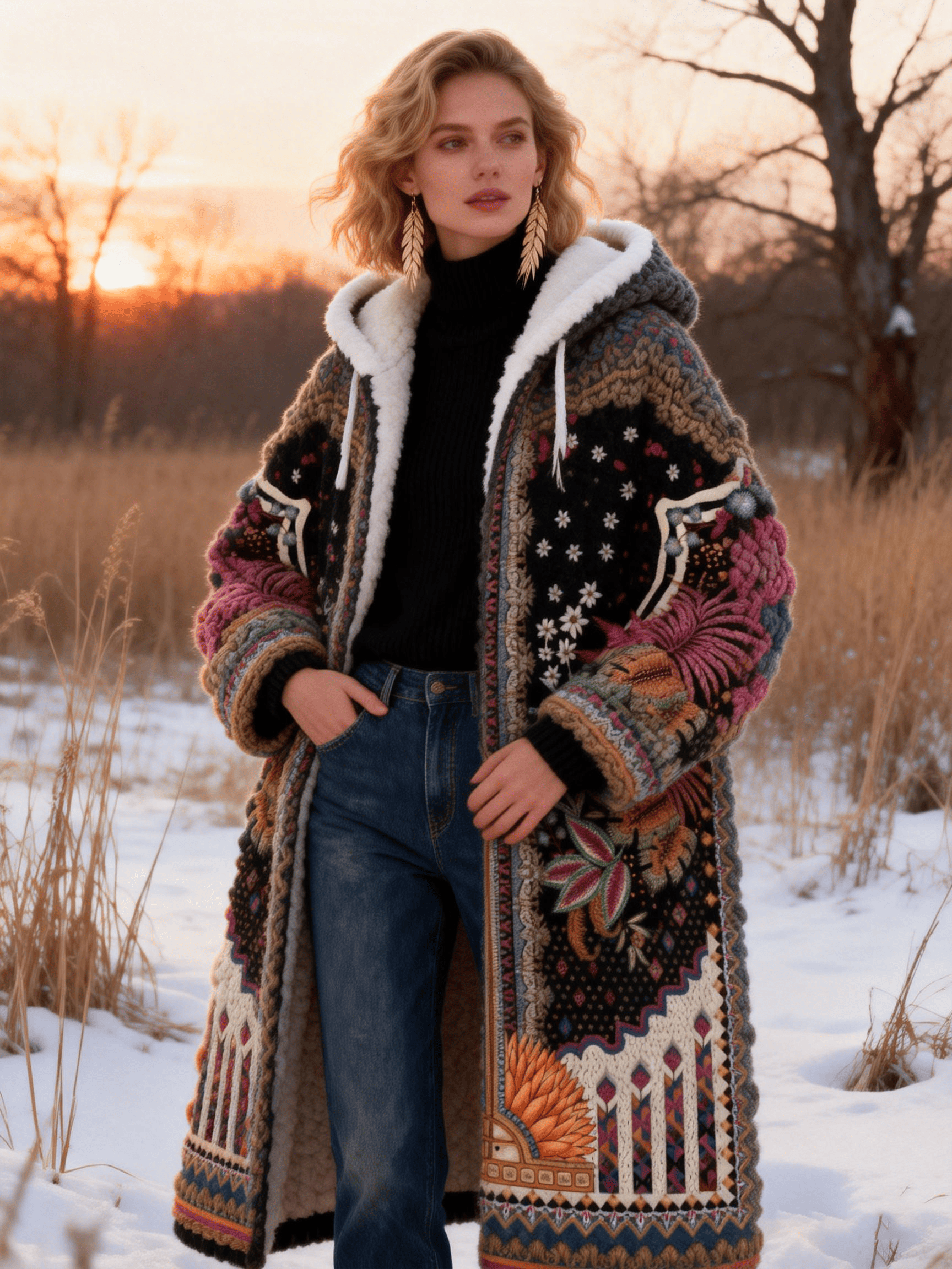 Women's Boho Geometric & Floral Color-Block Faux Fur Hooded Coat