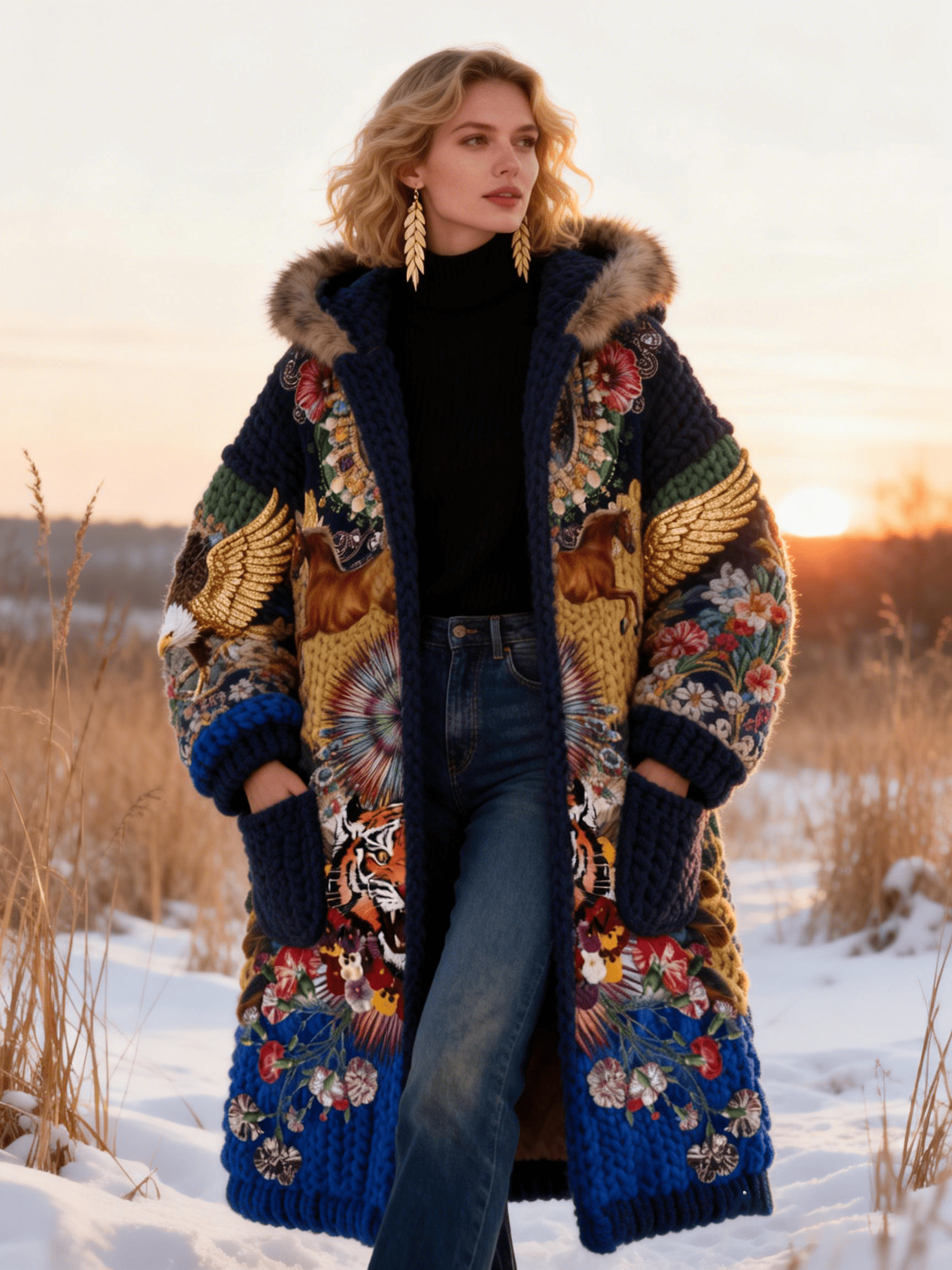 Women's Navy Gold-Wing Horse & Tiger Floral Embroidery Faux Fur Hooded Coat