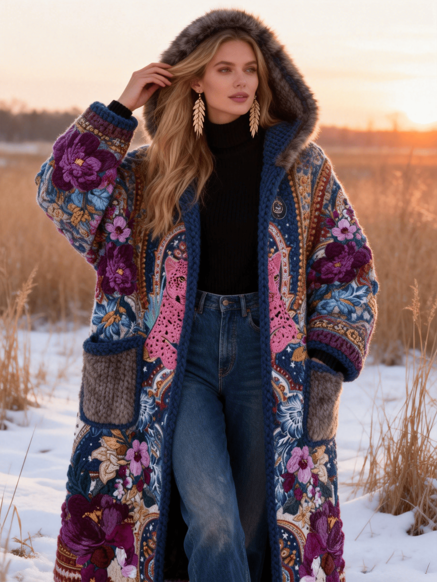 Women's  Blue Pink Leopard & Floral Embroidery Faux Fur Hooded Coat