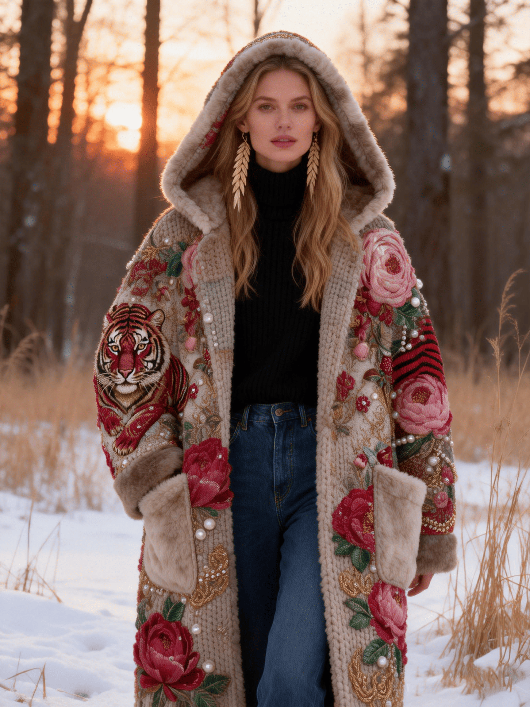 Women's  Cream Tiger & Rose Pearl-Accent Faux Fur Hooded Coat