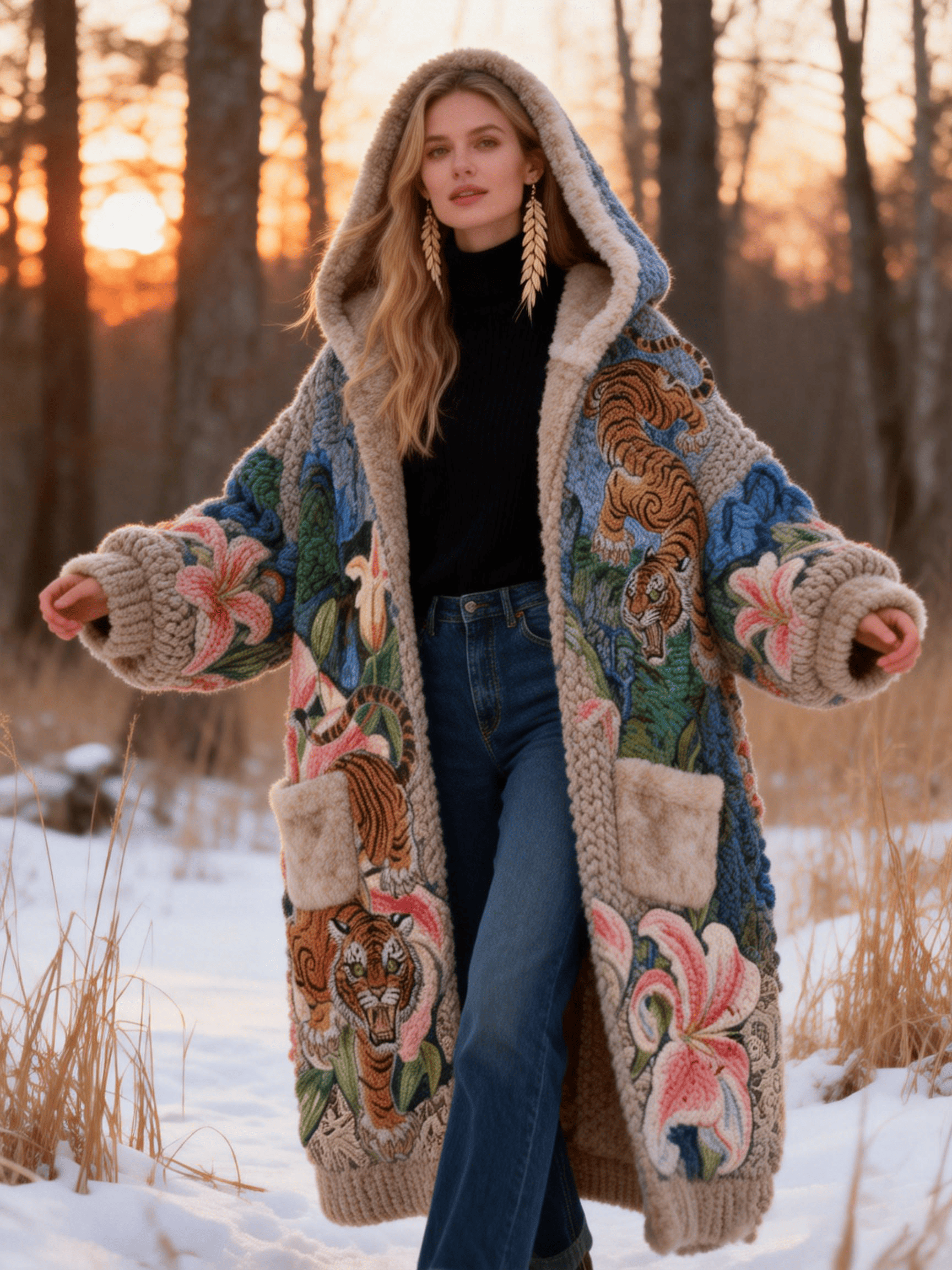 Women's Multi-Tiger & Lily Floral Knit Panel Faux Fur Hooded Coat