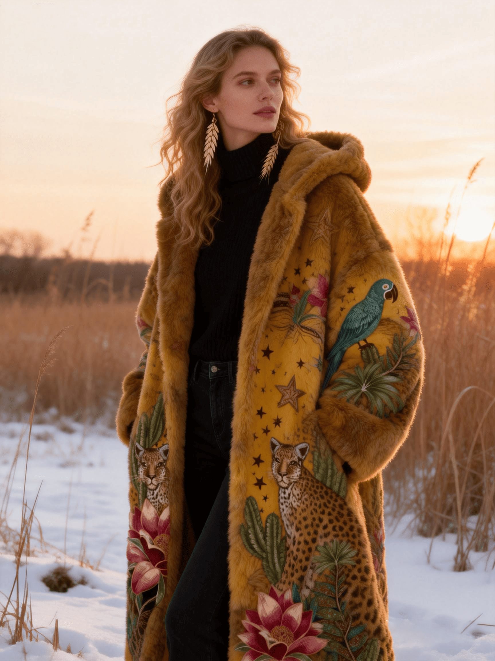 Women's Mustard Leopard & Parrot Star Floral Faux Fur Hooded Coat