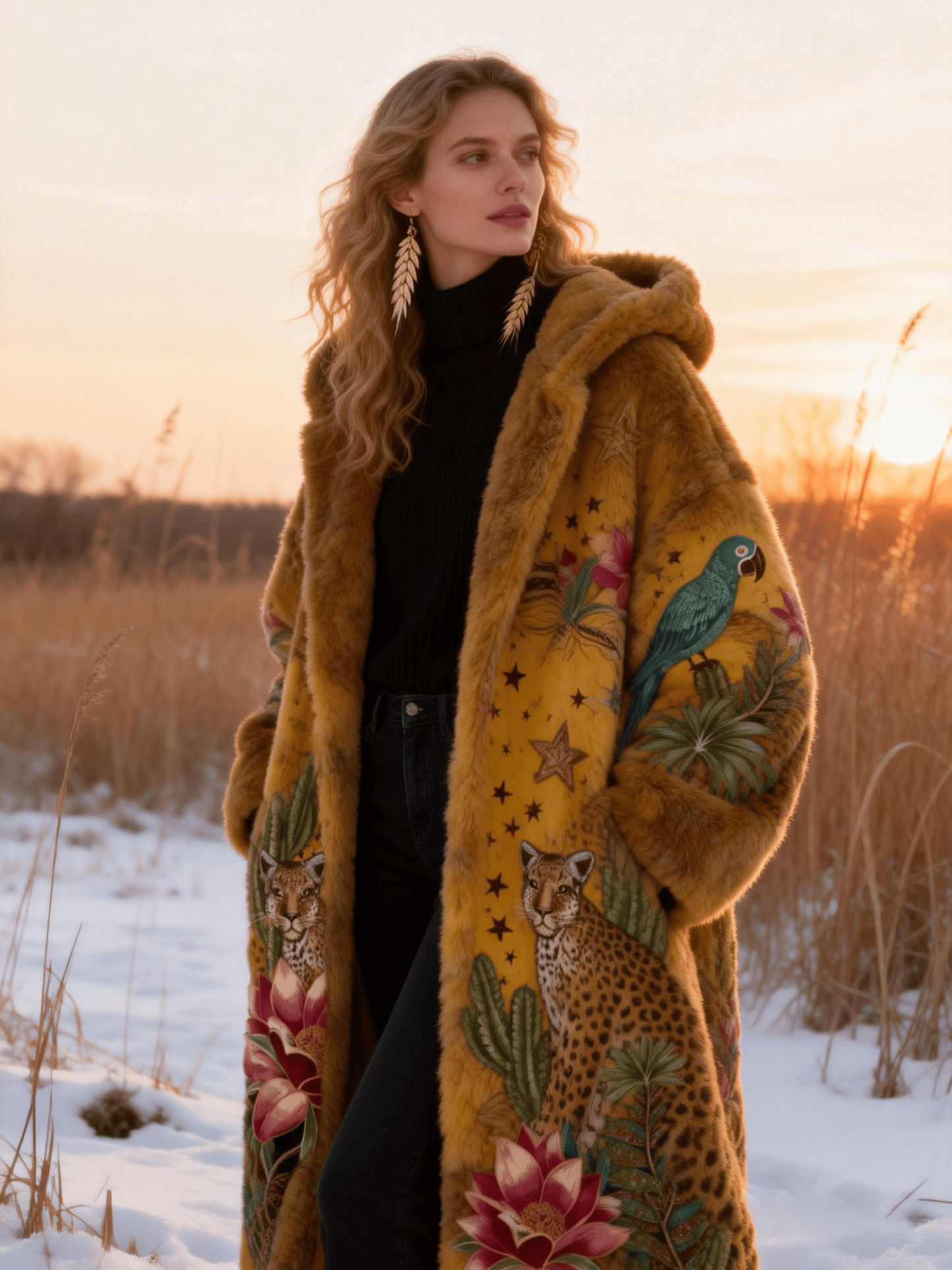 Women's Mustard Leopard & Parrot Star Floral Faux Fur Hooded Coat