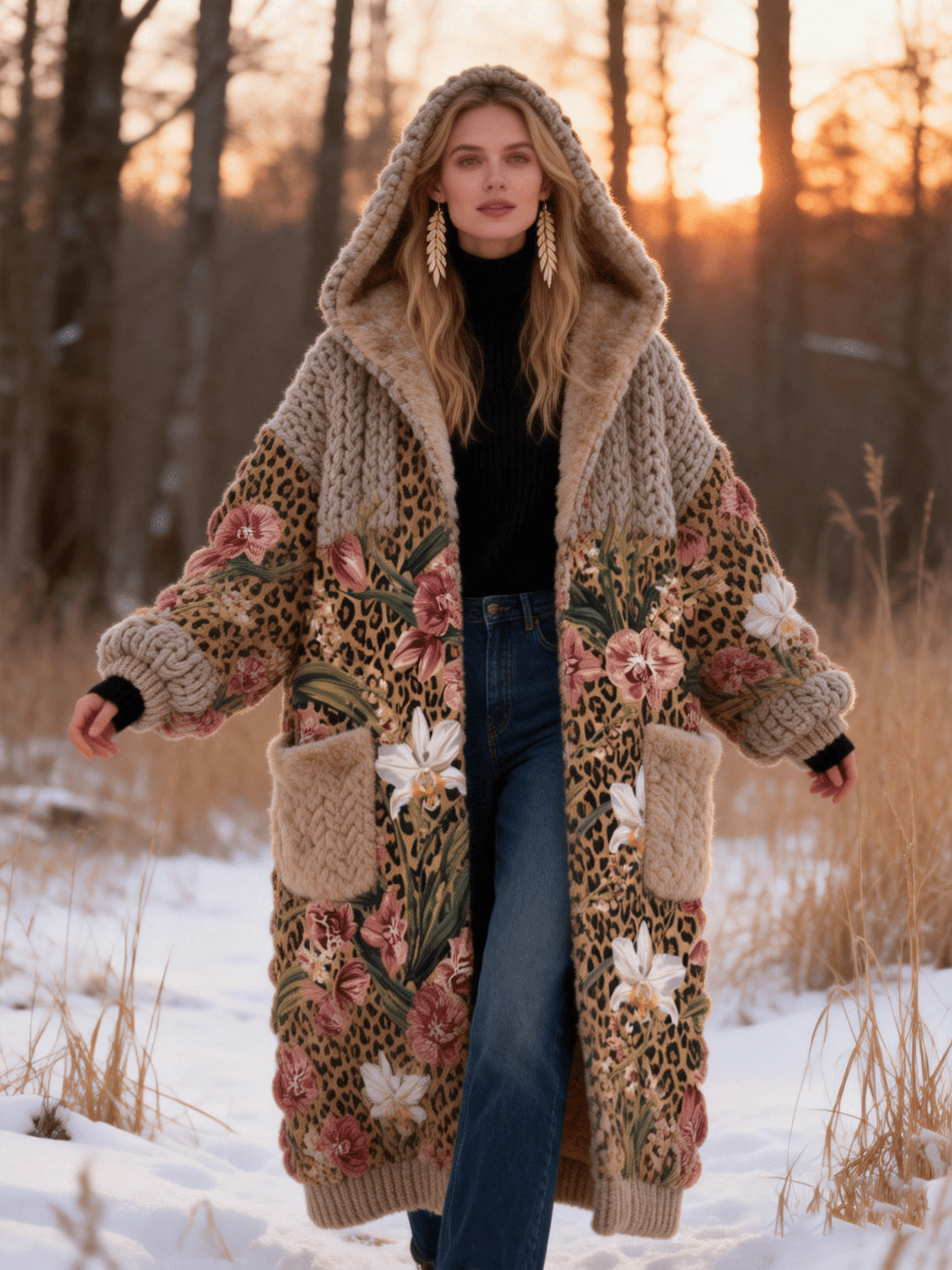 Women's Leopard & Lily Floral Knit Panel Faux Fur Hooded Coat