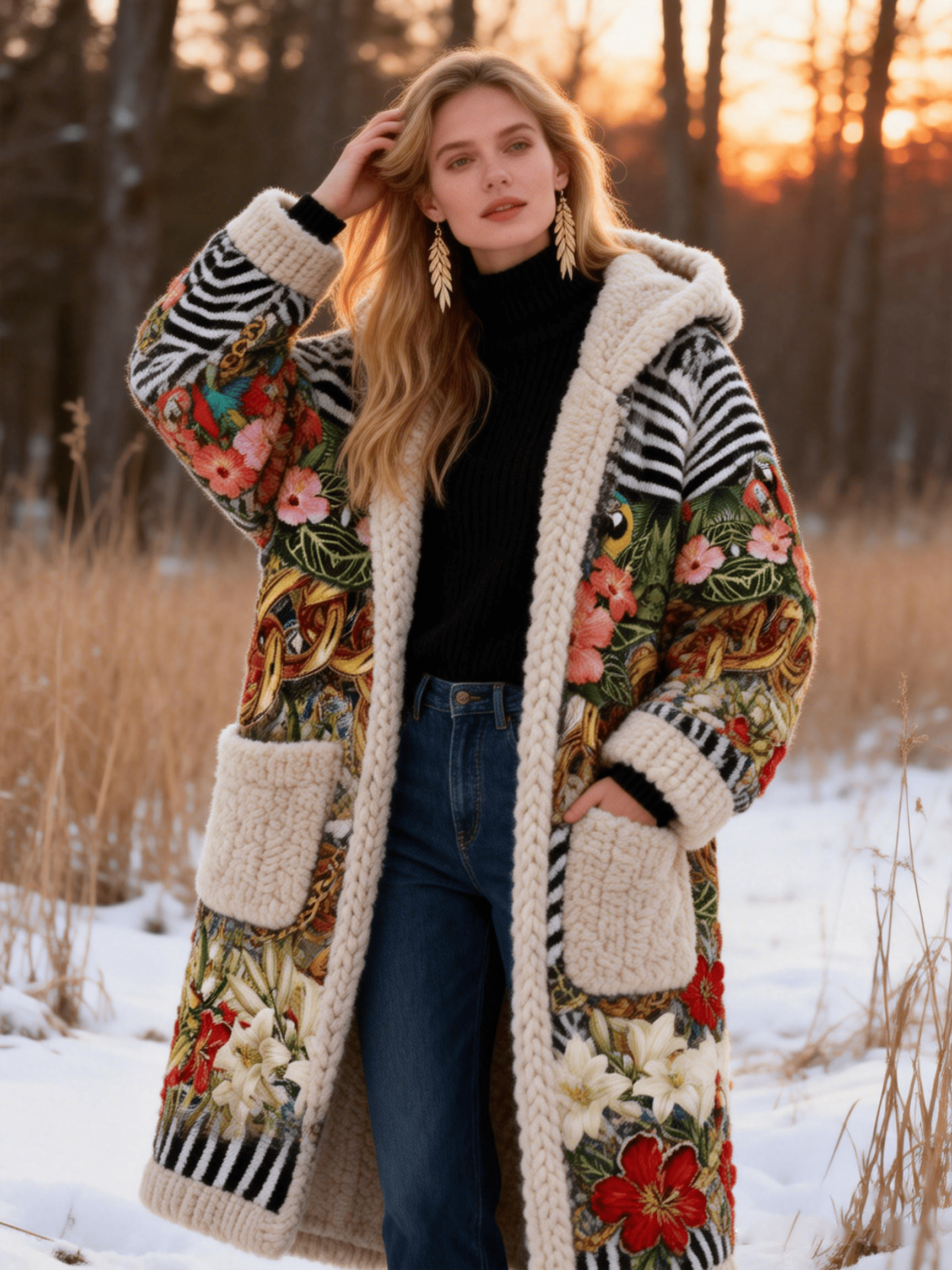 Women's Zebra Print Floral Embroidery Knit Panel Faux Fur Hooded Coat