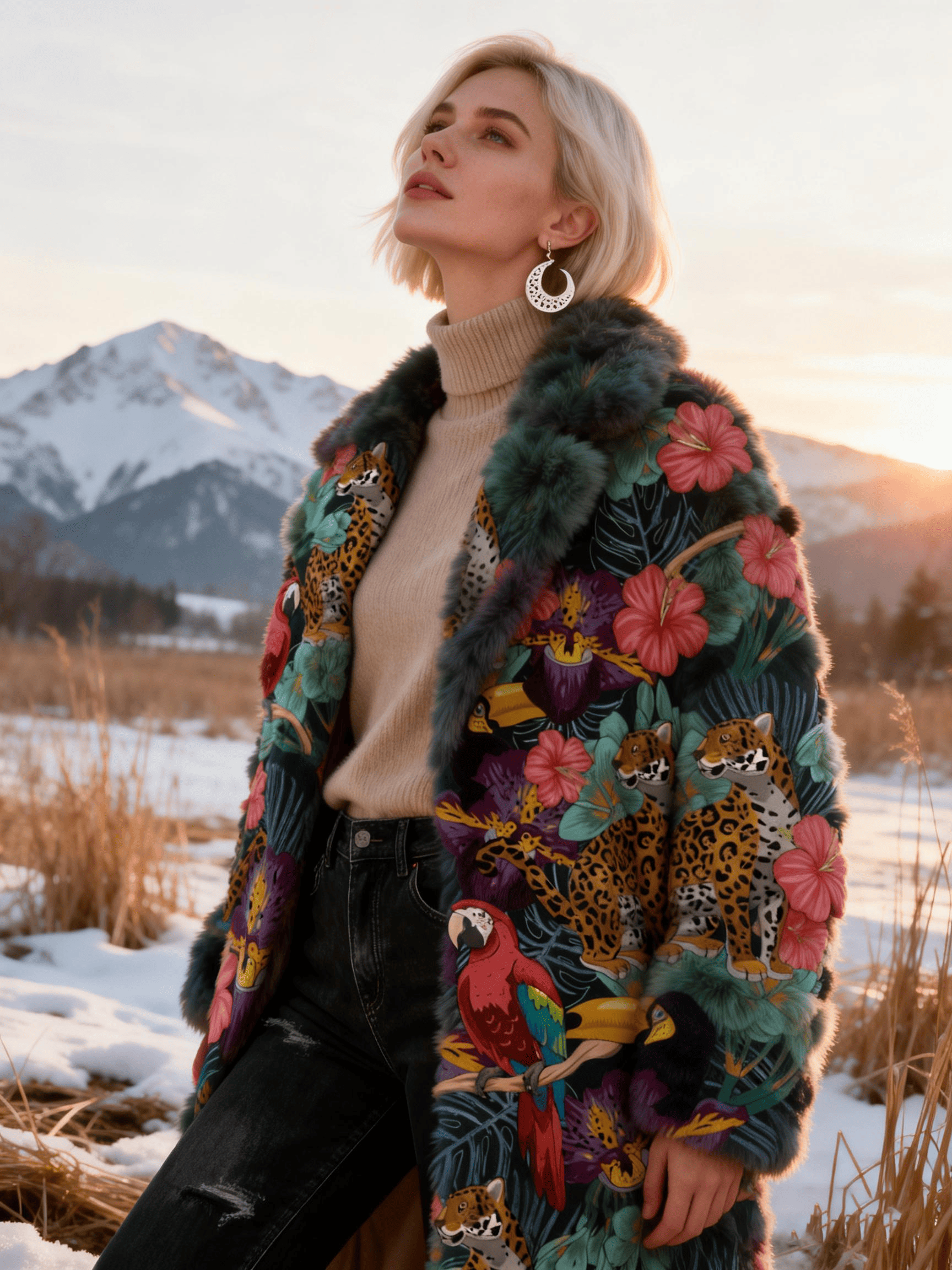 Women's Dark Green Leopard & Parrot Floral Faux Fur Lapel Coat