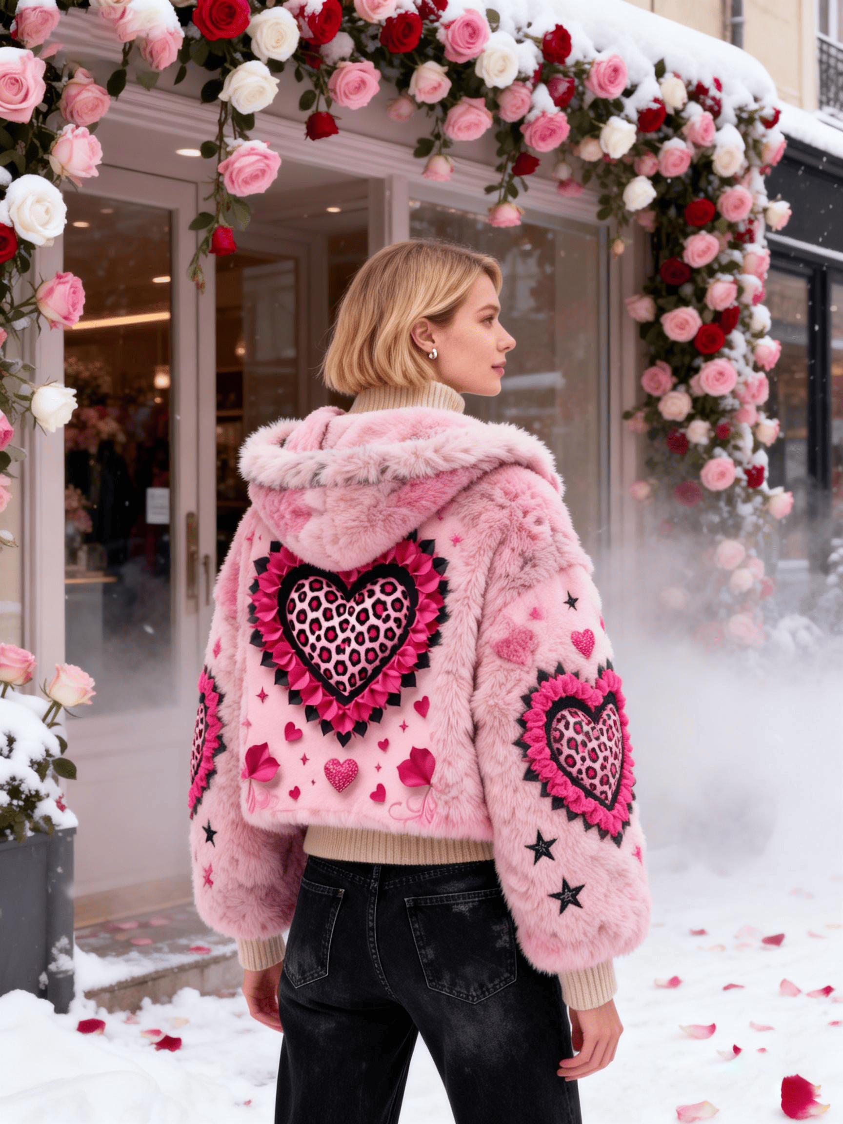 Women's Pink Leopard Heart Plush Jacket