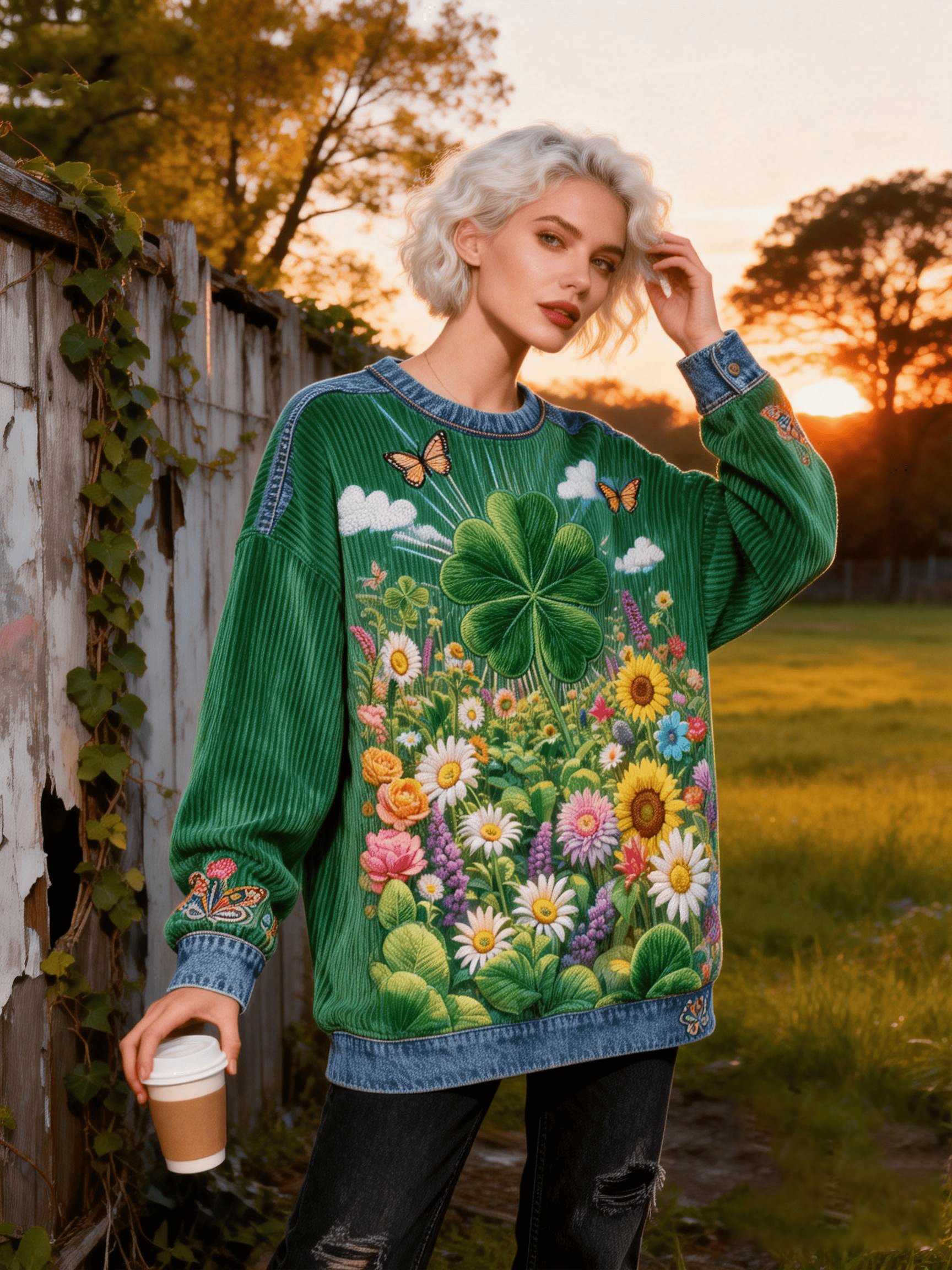 Women's St. Patrick's Day Clover Flower Field & Butterfly Sweatshirt - Corduroy Denim Patchwork Fresh Festival Top