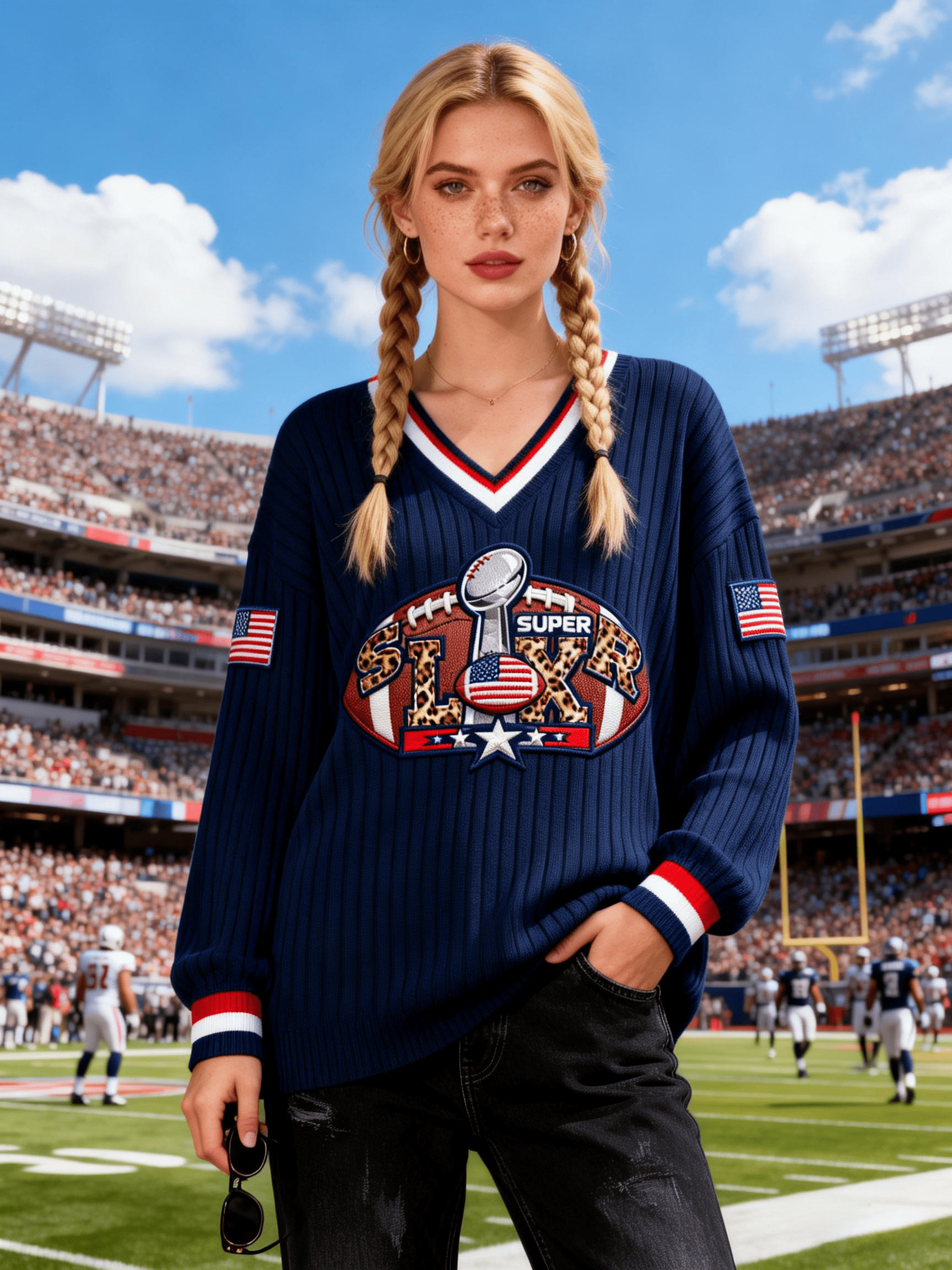 Women's Navy Super Bowl LXR Leopard Football V-Neck Sweatshirt