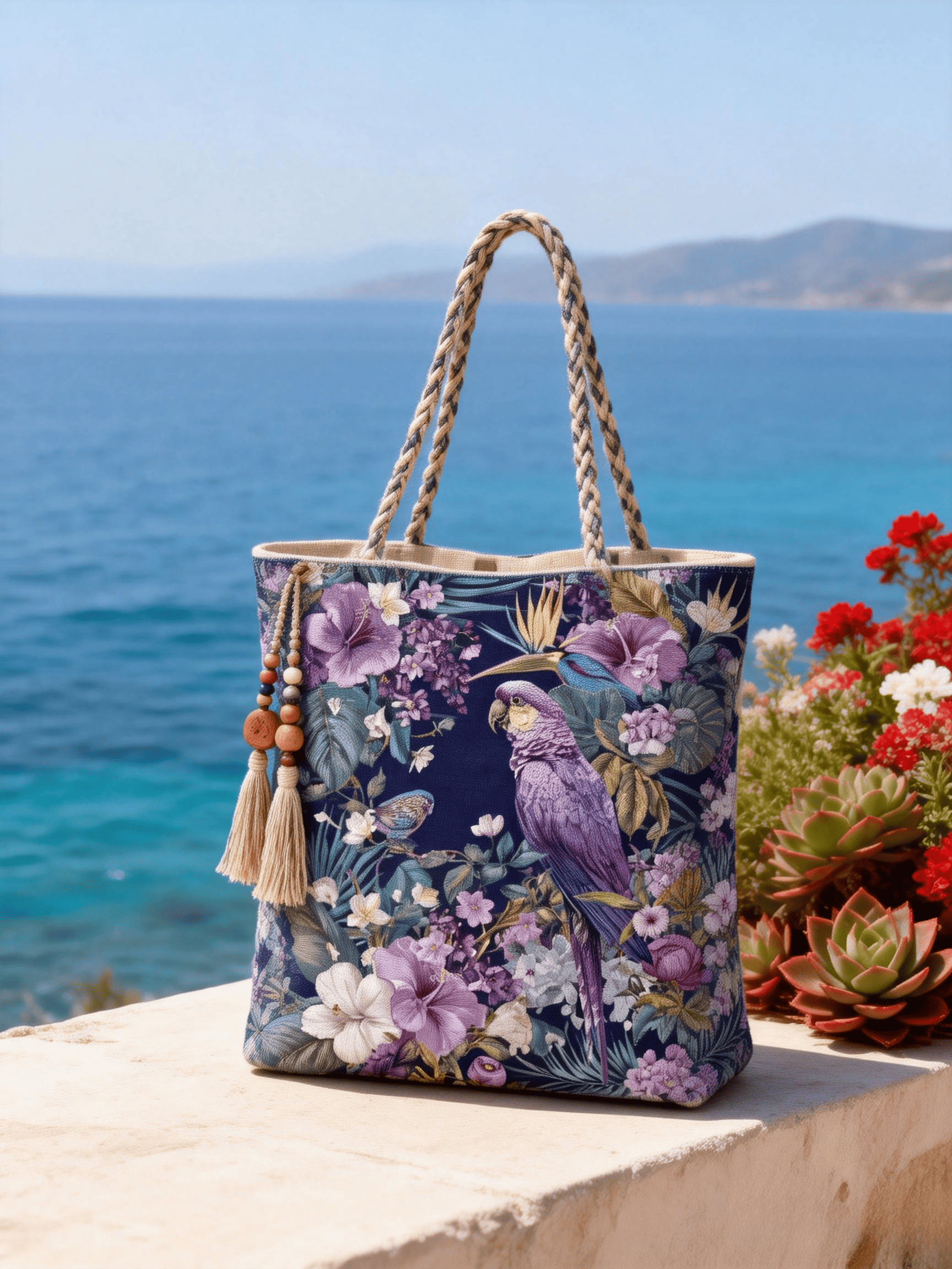 Navy Purple Parrot Floral Print Tote Bag