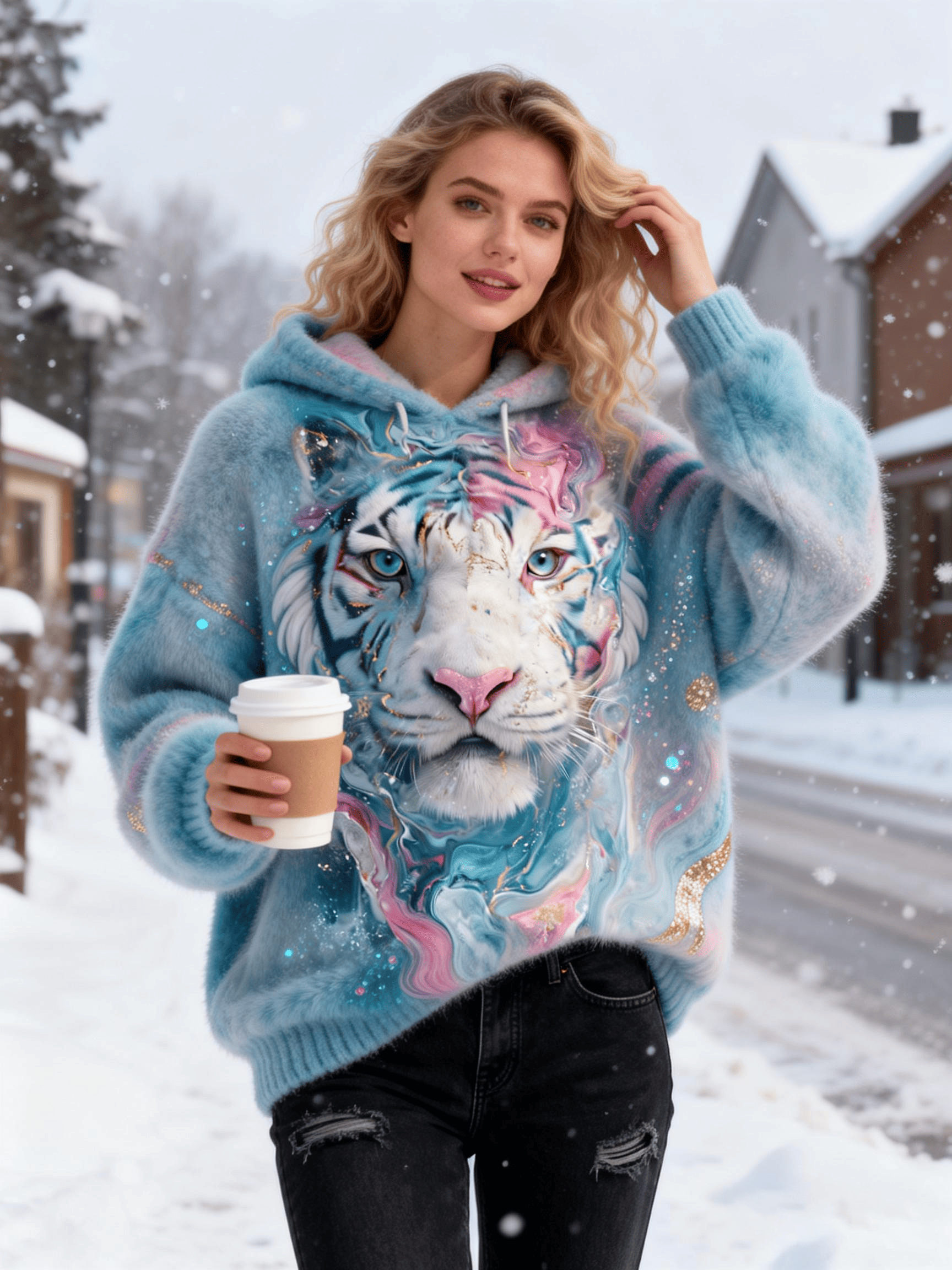Women's Pastel Tiger Glitter Fuzzy Hoodie