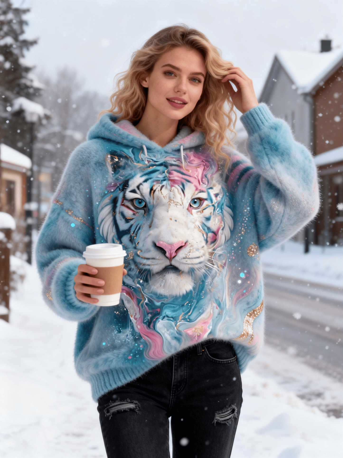 Women's Pastel Tiger Glitter Fuzzy Hoodie