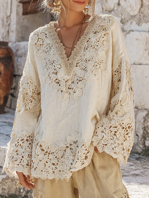 Women's Vintage Floral Lace Embroidered Art V Neck Long Sleeve Loose Blouses