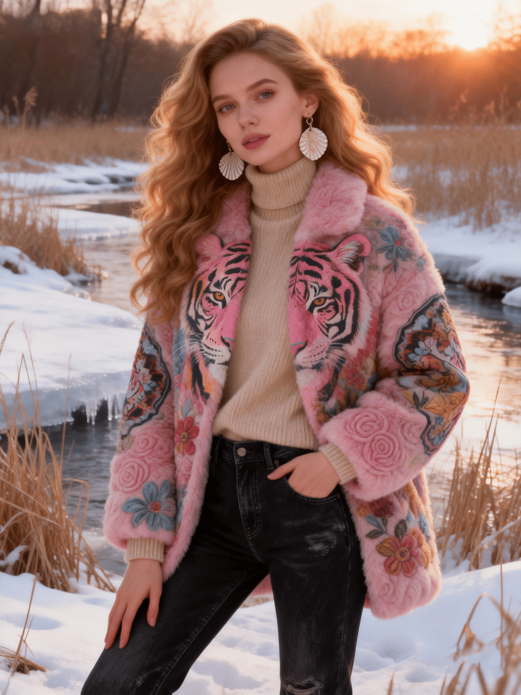 Women's Pink Tiger Pattern & 3D Floral Faux Fur Coat
