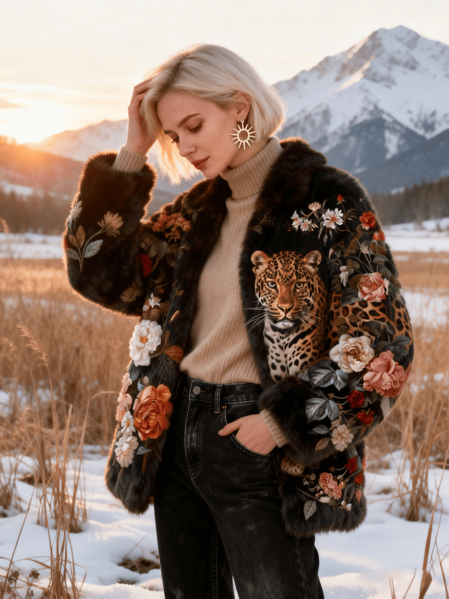 Women's Black Base Leopard Head & Retro Floral Embroidery Faux Fur Coat