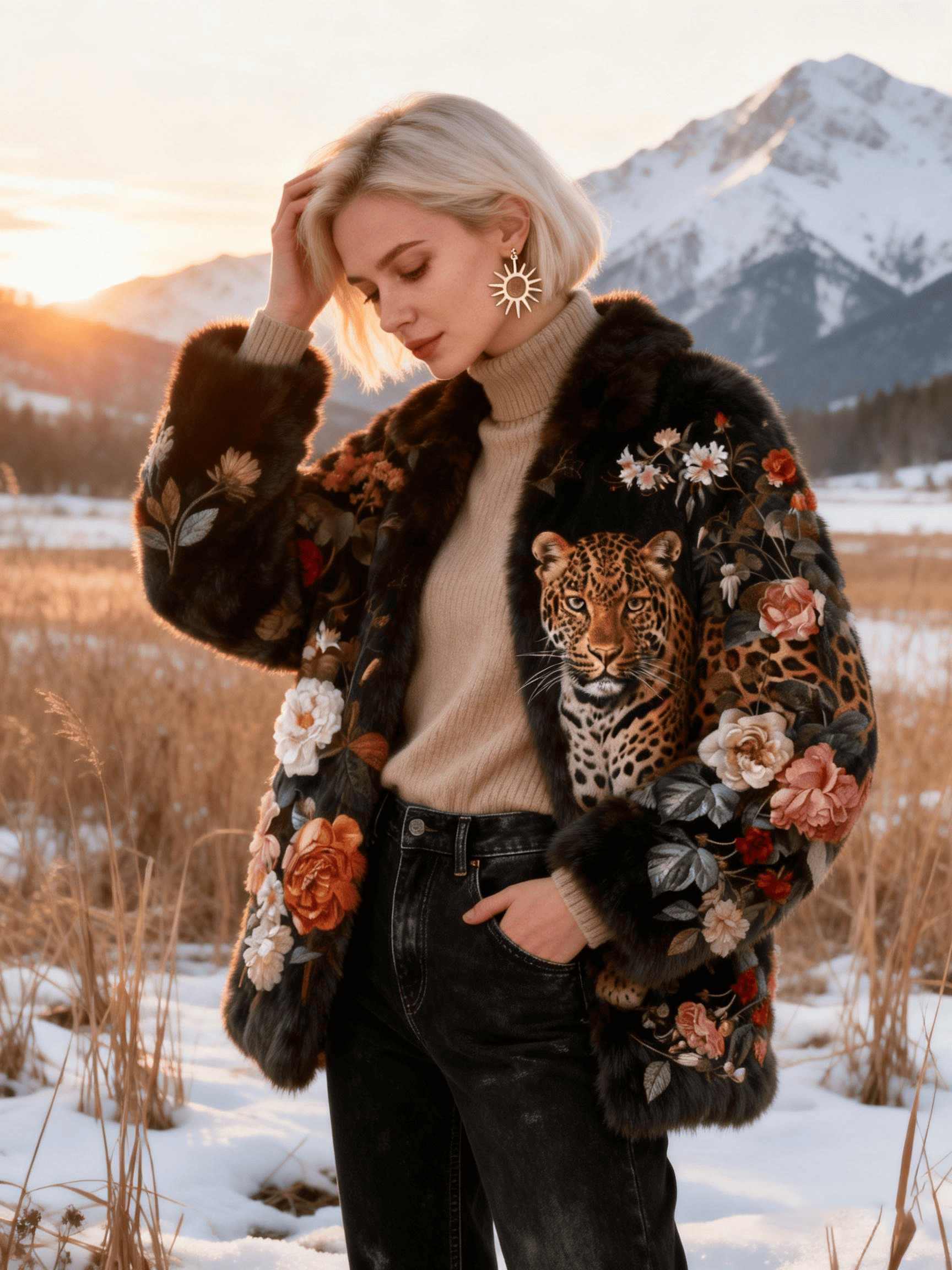 Women's Black Base Leopard Head & Retro Floral Embroidery Faux Fur Coat